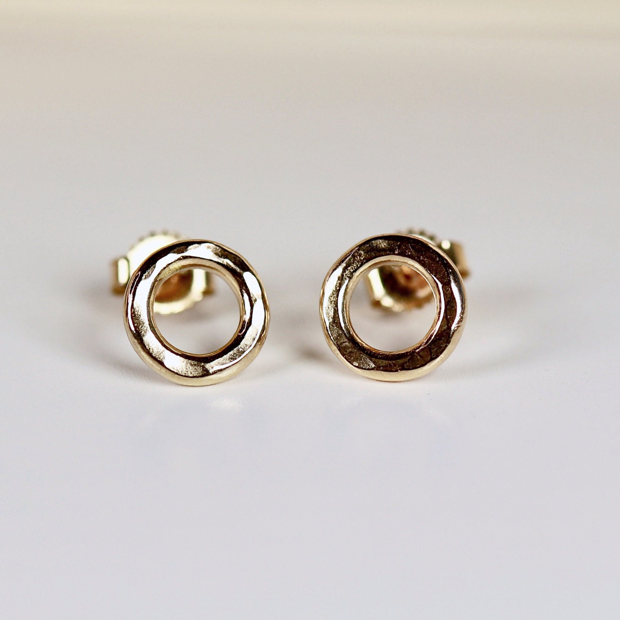 Small Open Circle Stud Earrings 14k Solid Gold, Hammered Gold Tiny Circle Studs