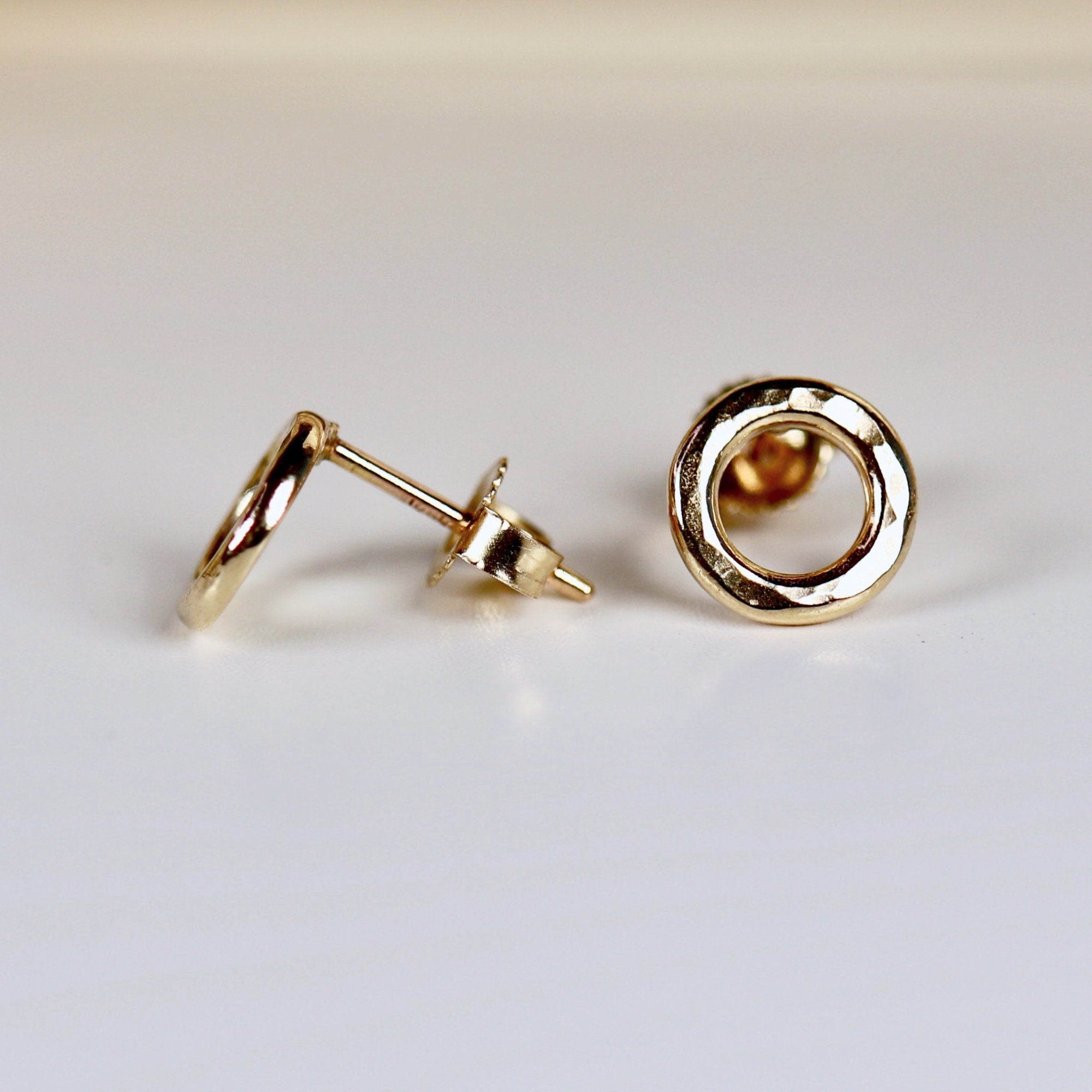 Small Open Circle Stud Earrings 14k Solid Gold, Hammered Gold Tiny Circle Studs