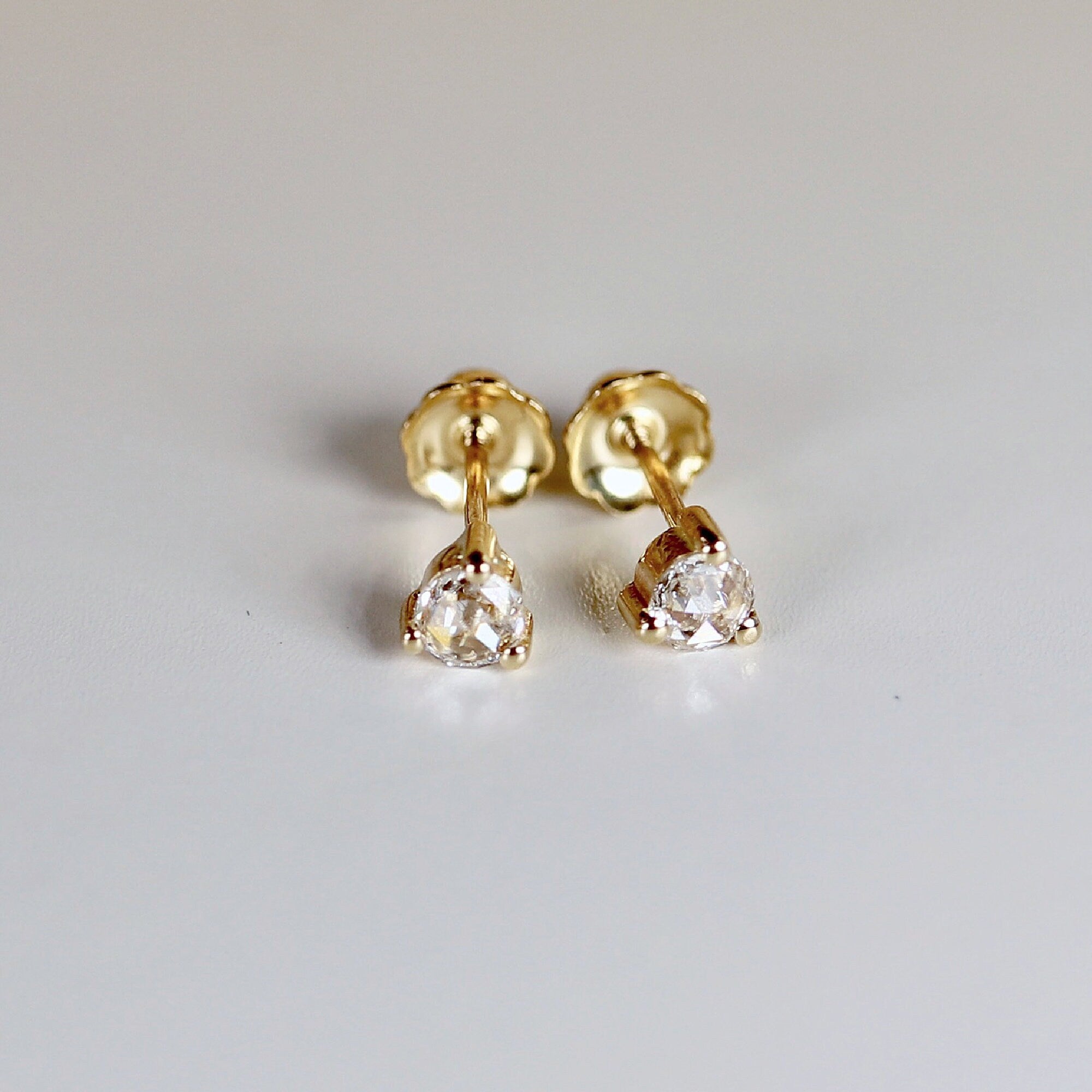 Rose Cut Diamond Earrings 14k Gold, Diamond Screw Back Earrings