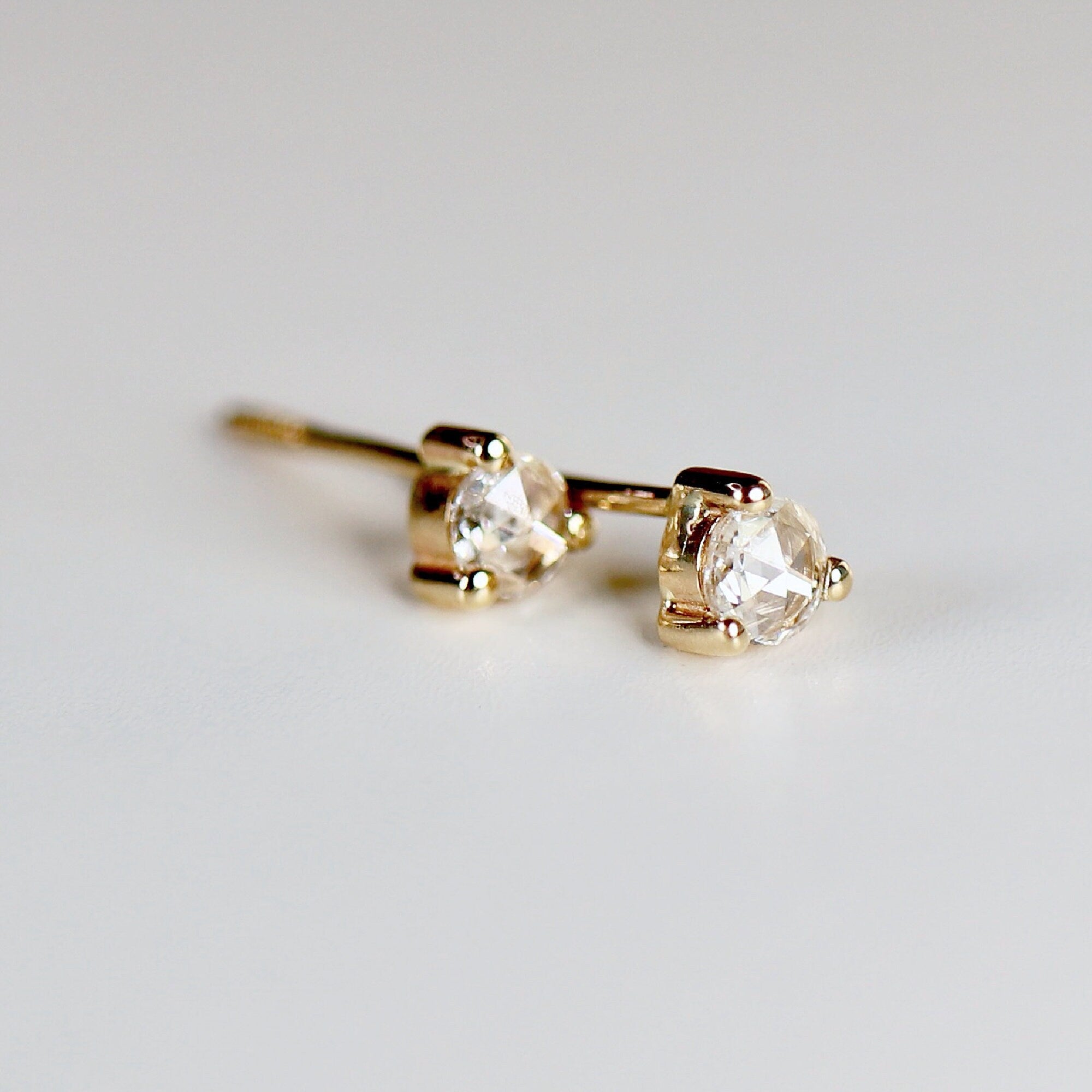 Rose Cut Diamond Earrings 14k Gold, Diamond Screw Back Earrings