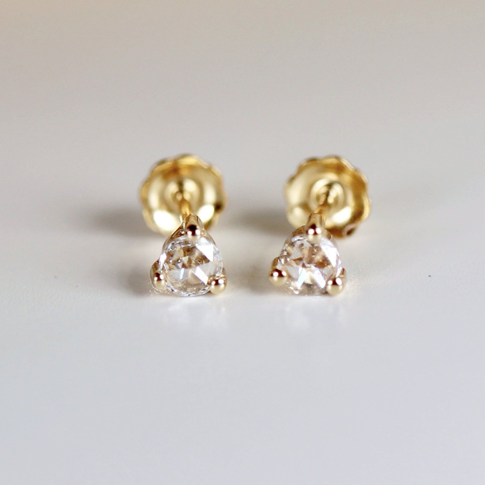 Rose Cut Diamond Earrings 14k Gold, Diamond Screw Back Earrings