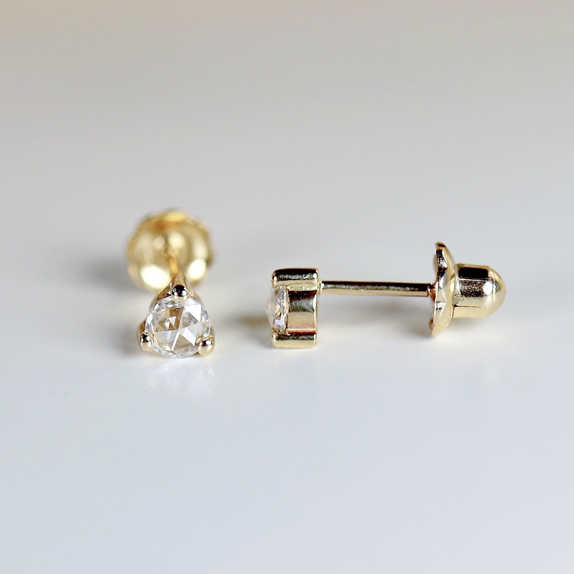 Rose Cut Diamond Earrings 14k Gold, Diamond Screw Back Earrings