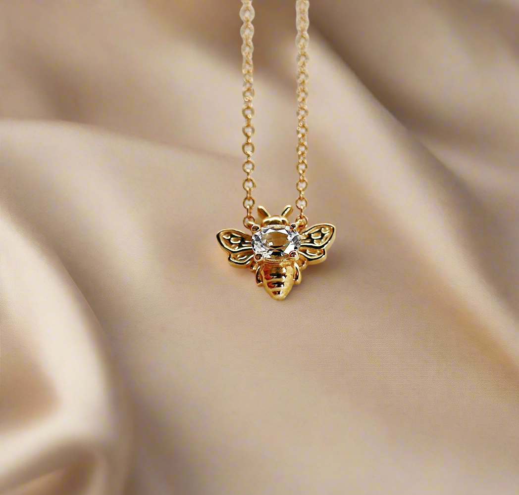 Gold Bee Necklace 14k Solid Gold, Natural Sapphire Bee Pendant