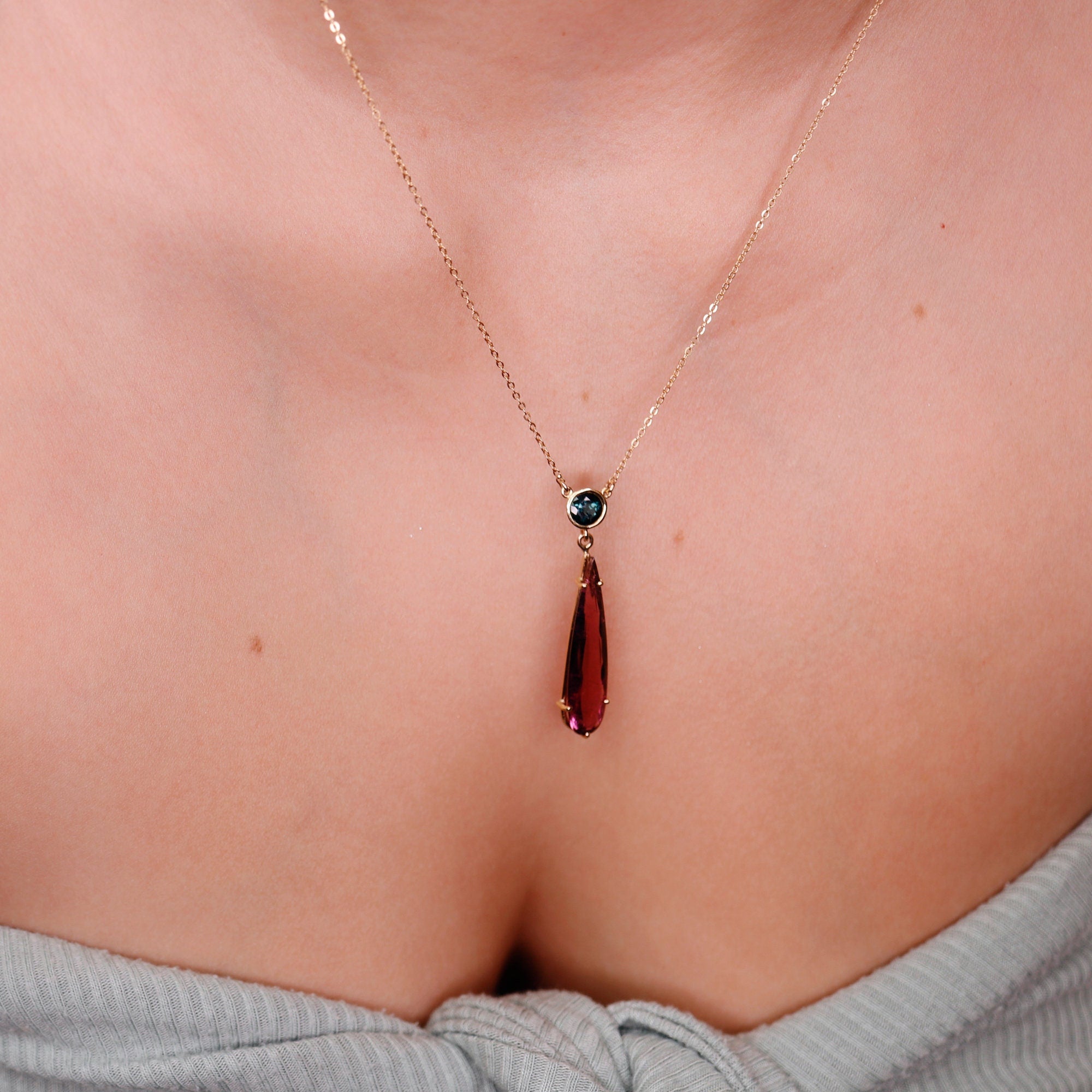 14k Gold Pink and Green Tourmaline Drop Necklace