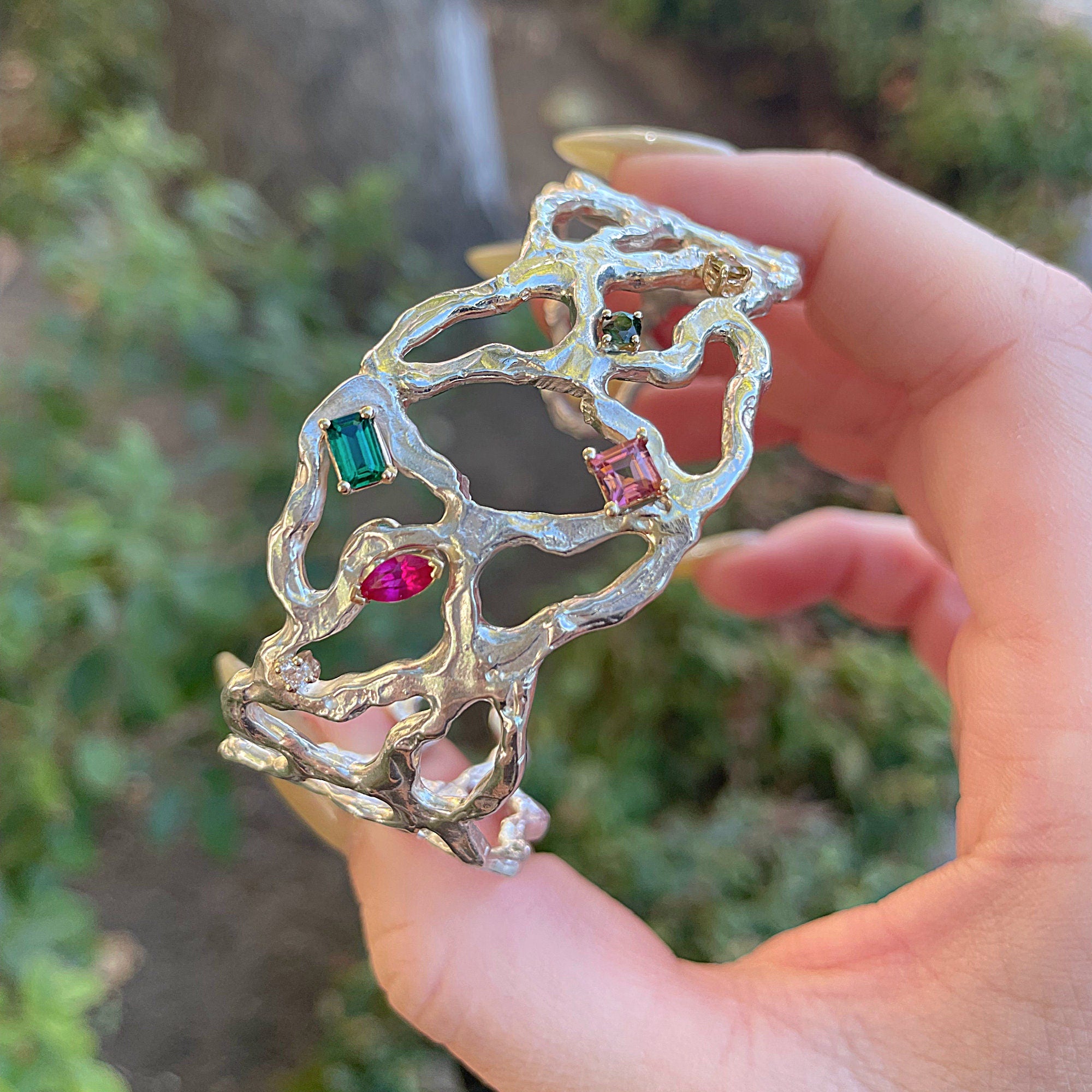 Multi - Gem Gemstone Cuff Bracelet in Sterling Silver and 14k Gold Set - One of A Kind - Melt'm Jewelry