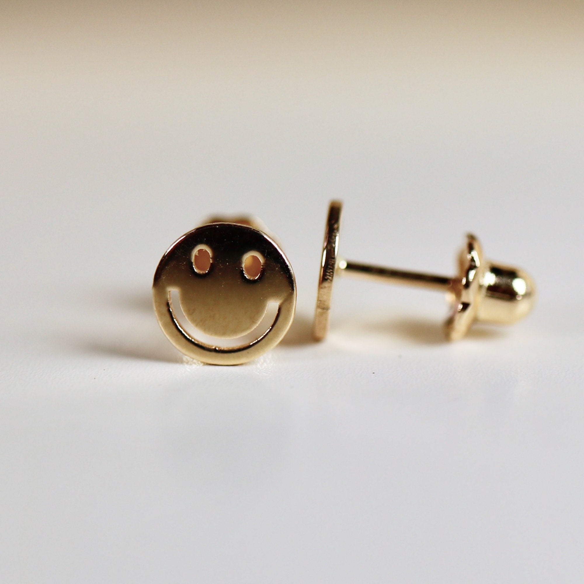 Smiley Face Stud Earrings 14k Solid Gold, Tiny Gold Studs - Melt'm Jewelry