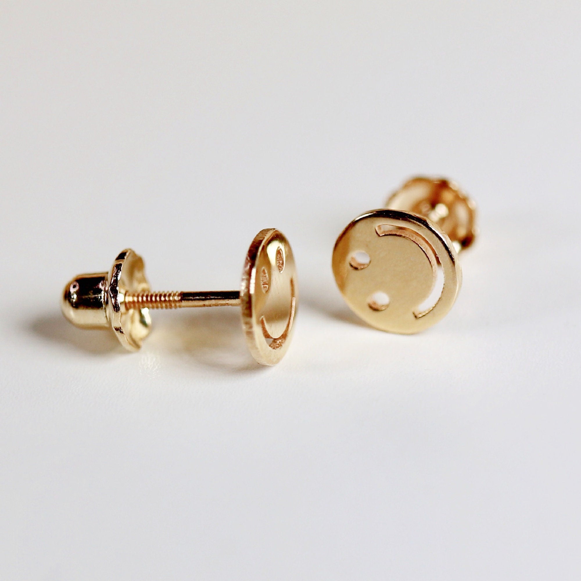 Smiley Face Stud Earrings 14k Solid Gold, Tiny Gold Studs - Melt'm Jewelry