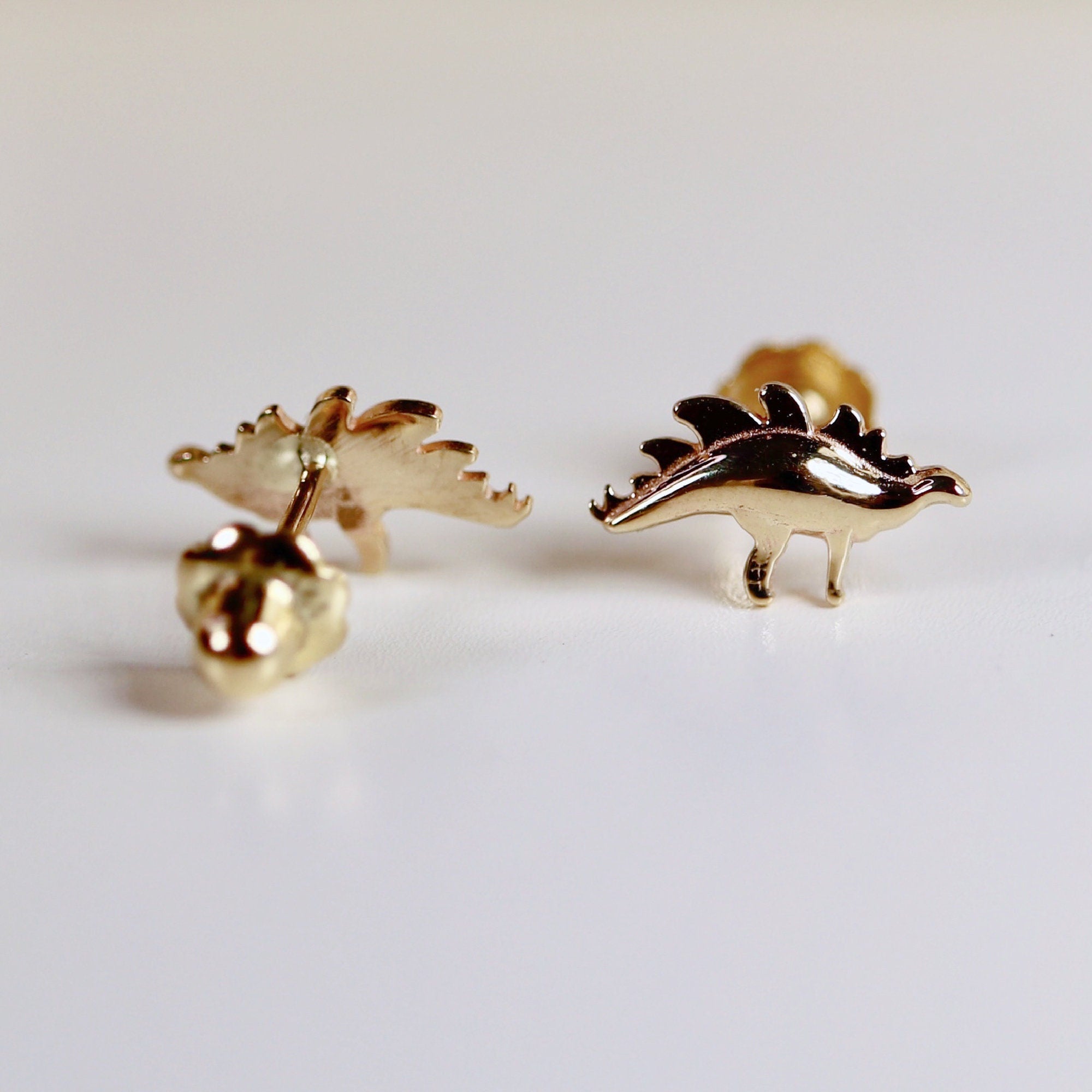 Dinosaur Earrings 14k Solid Gold, Single / Pair, Plateosaurus Dinosaur Earrings - Melt'm Jewelry