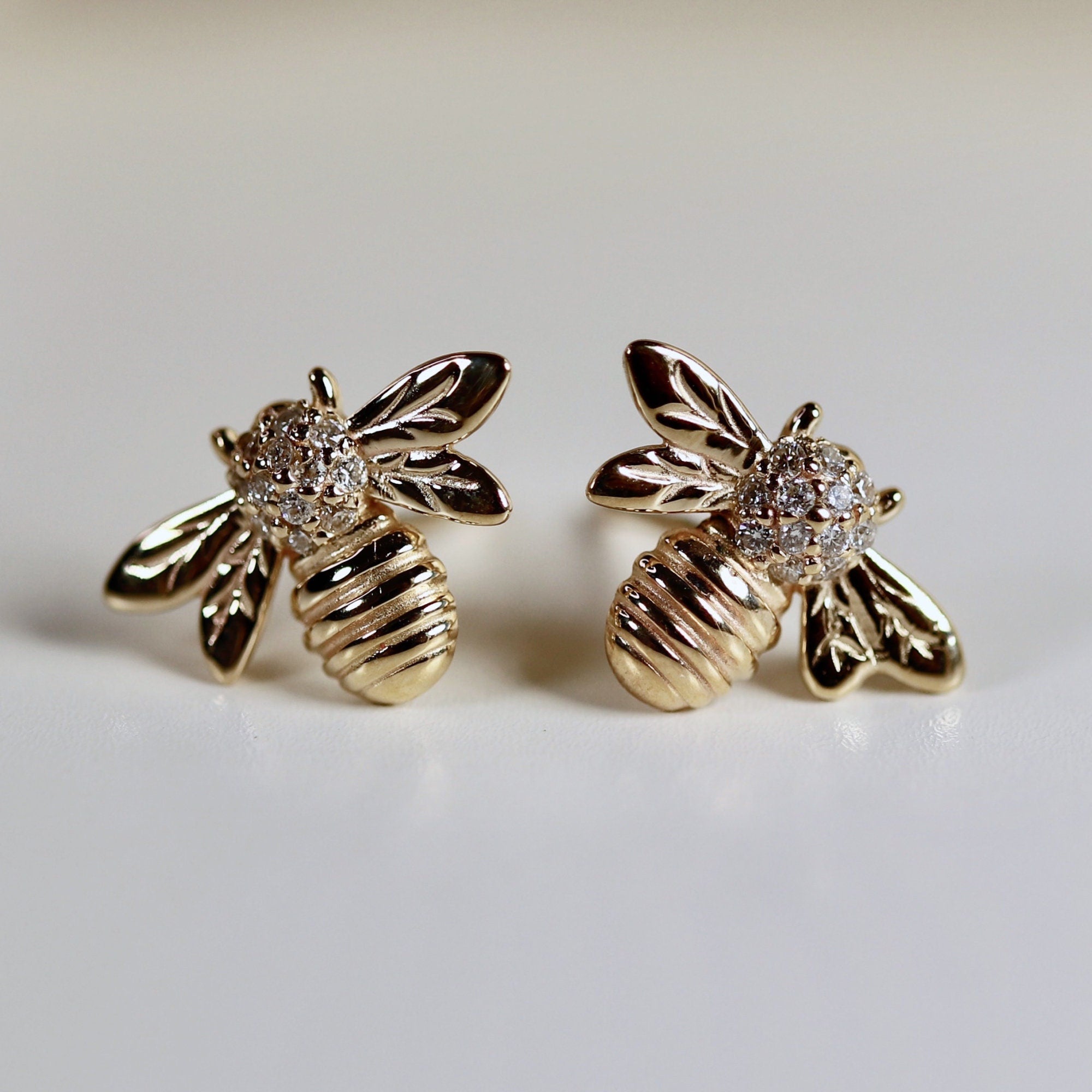 Real Diamond Bumble Bee Earrings 14k Gold