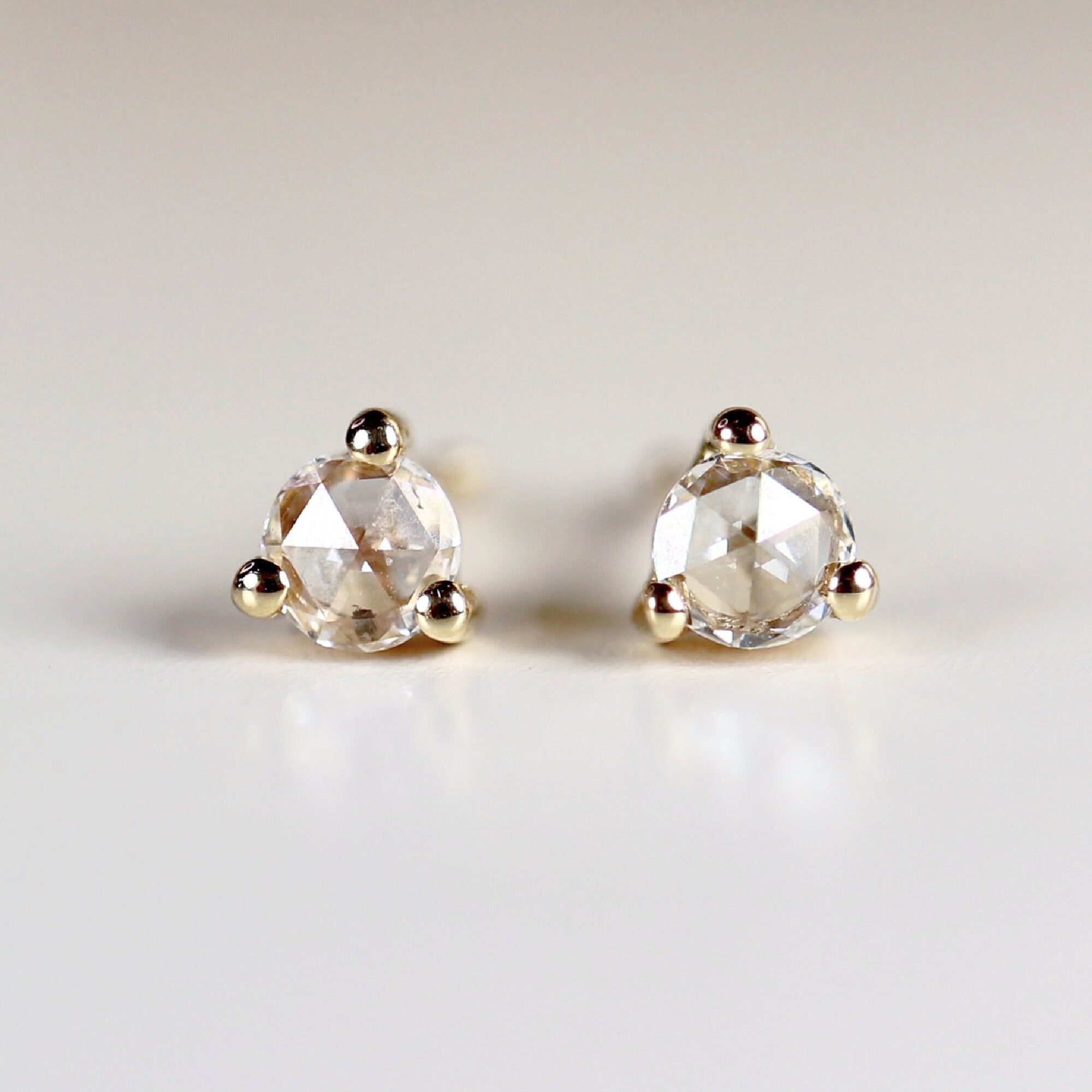 Rose Cut Diamond Earrings 14k Gold, Diamond Screw Back Earrings