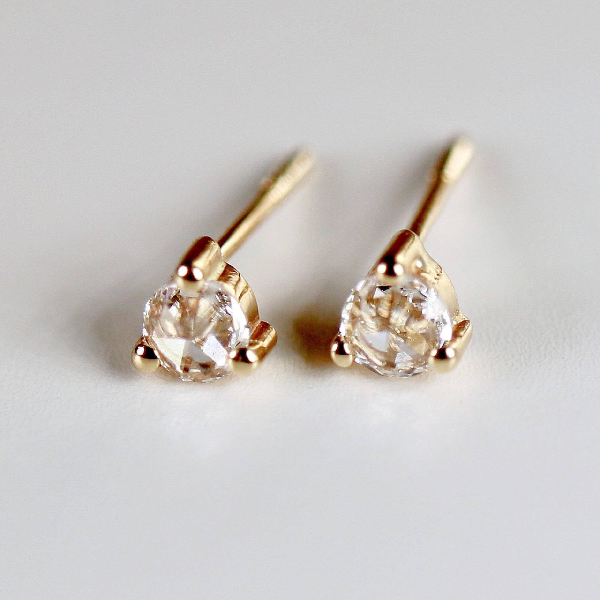 Rose Cut Diamond Earrings 14k Gold, Diamond Screw Back Earrings