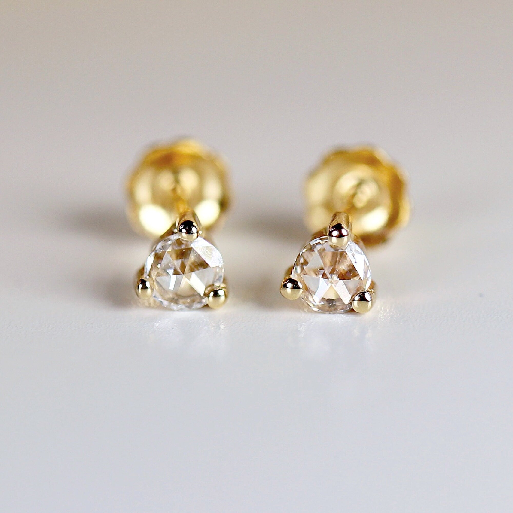 Rose Cut Diamond Earrings 14k Gold, Diamond Screw Back Earrings