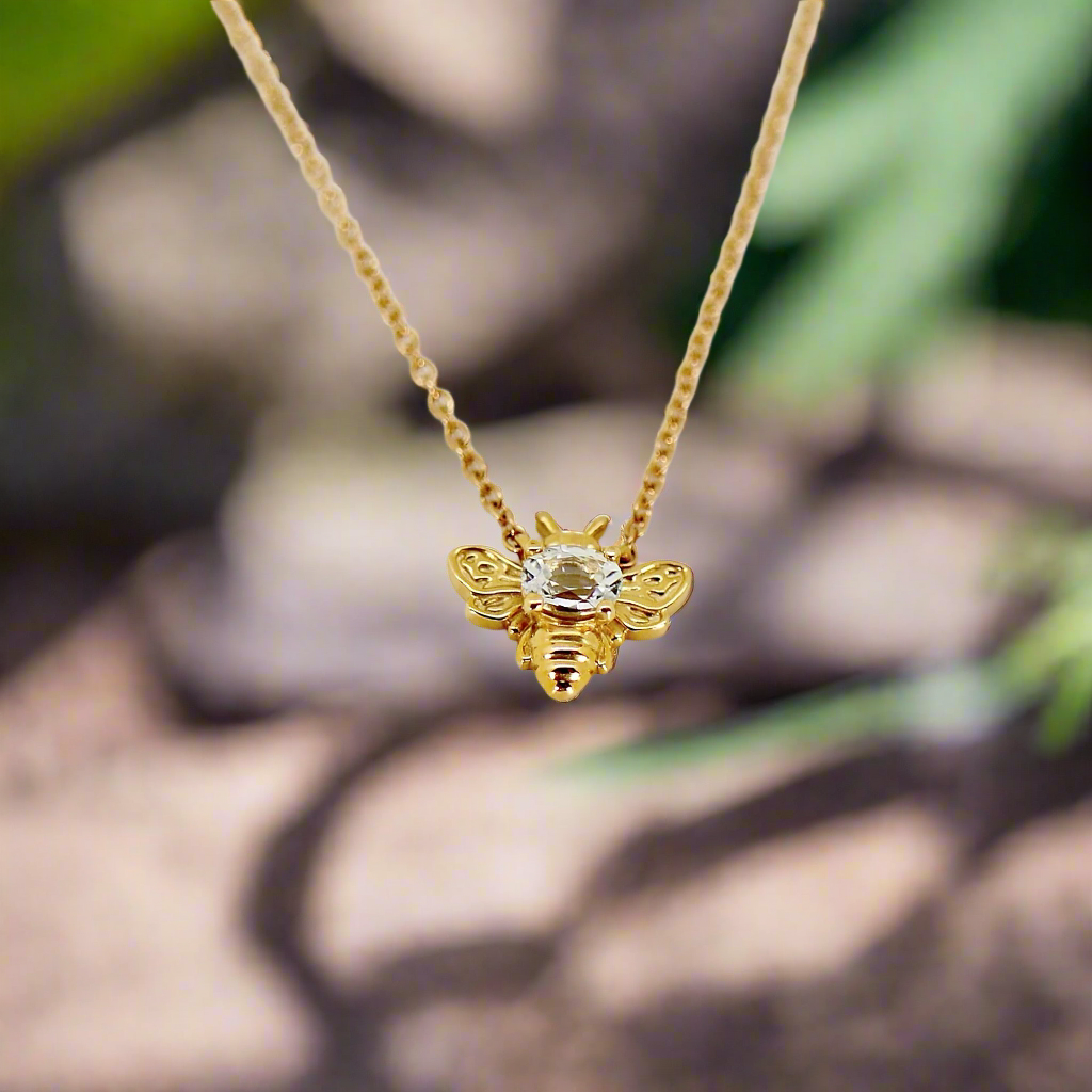 Gold Bee Necklace 14k Solid Gold, Natural Sapphire Bee Pendant