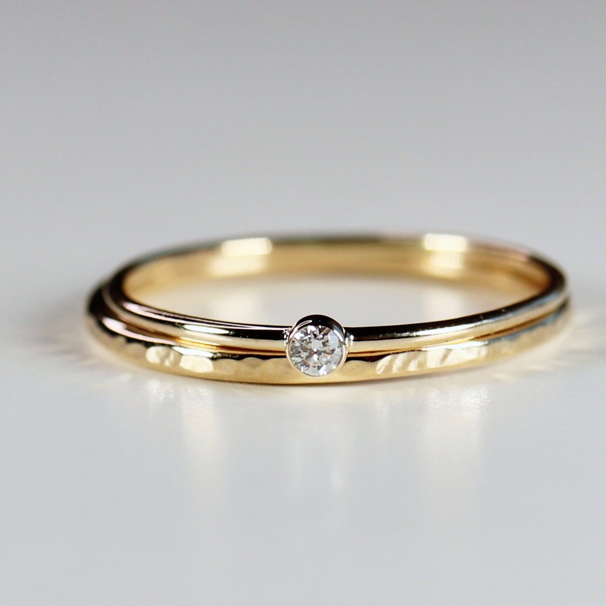 14k Solid Gold Stacking Ring Set of 2, Diamond Stacking Ring Set