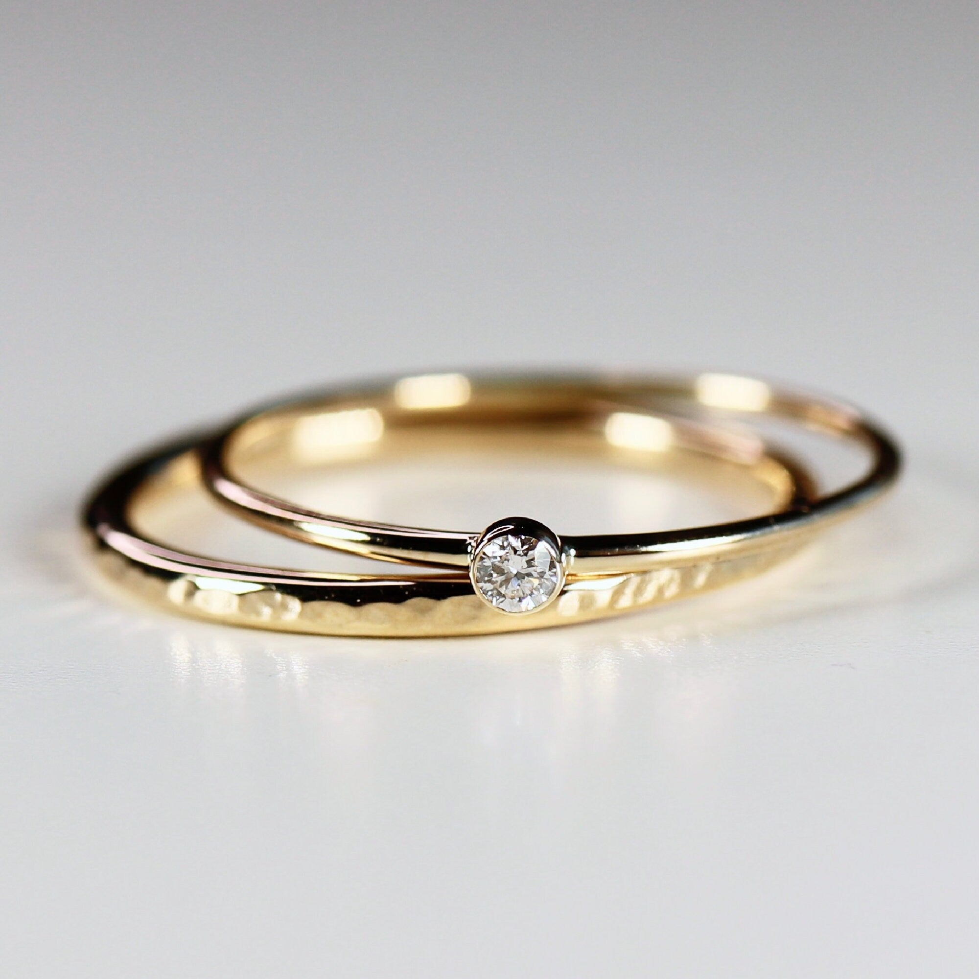 14k Solid Gold Stacking Ring Set of 2, Diamond Stacking Ring Set