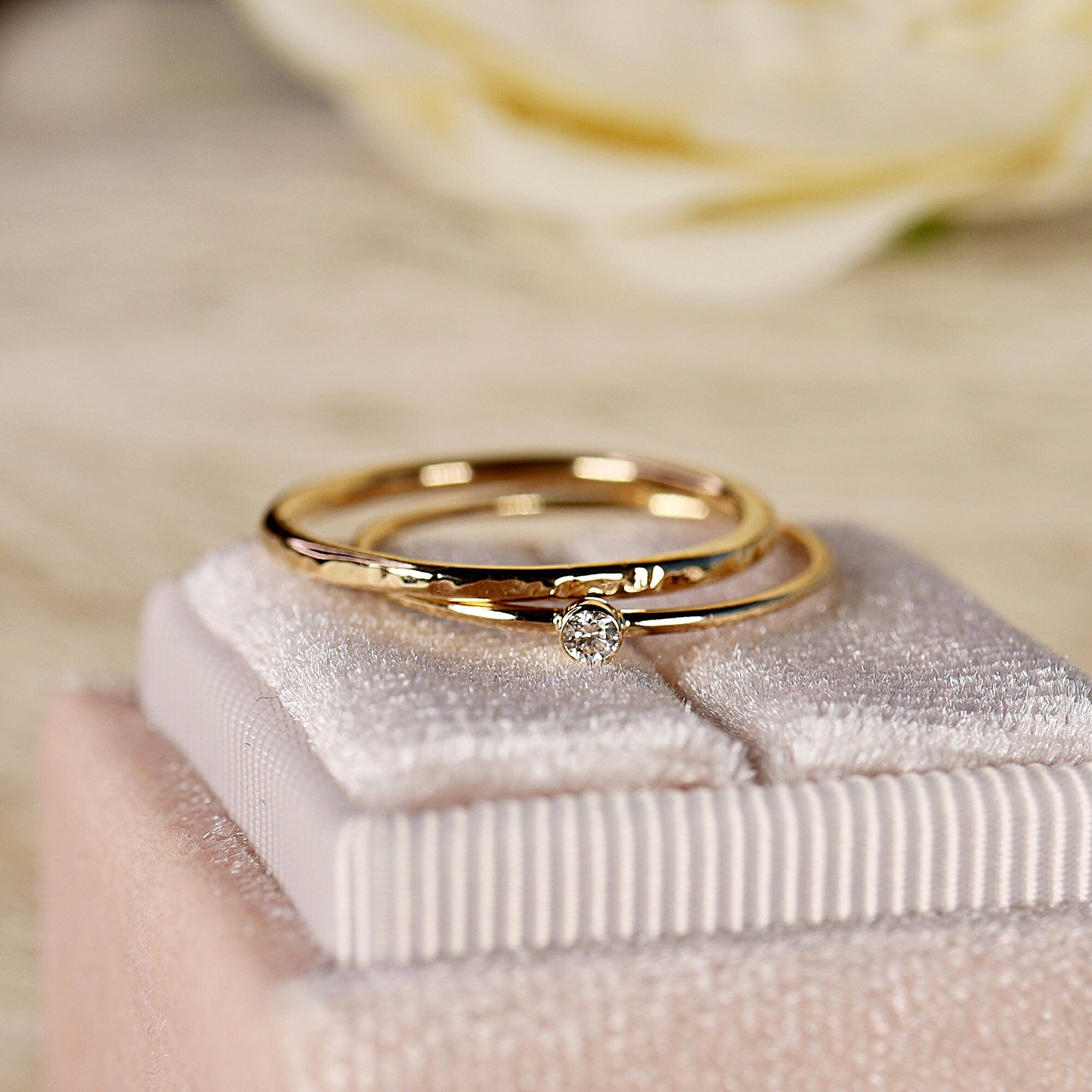 14k Solid Gold Stacking Ring Set of 2, Diamond Stacking Ring Set