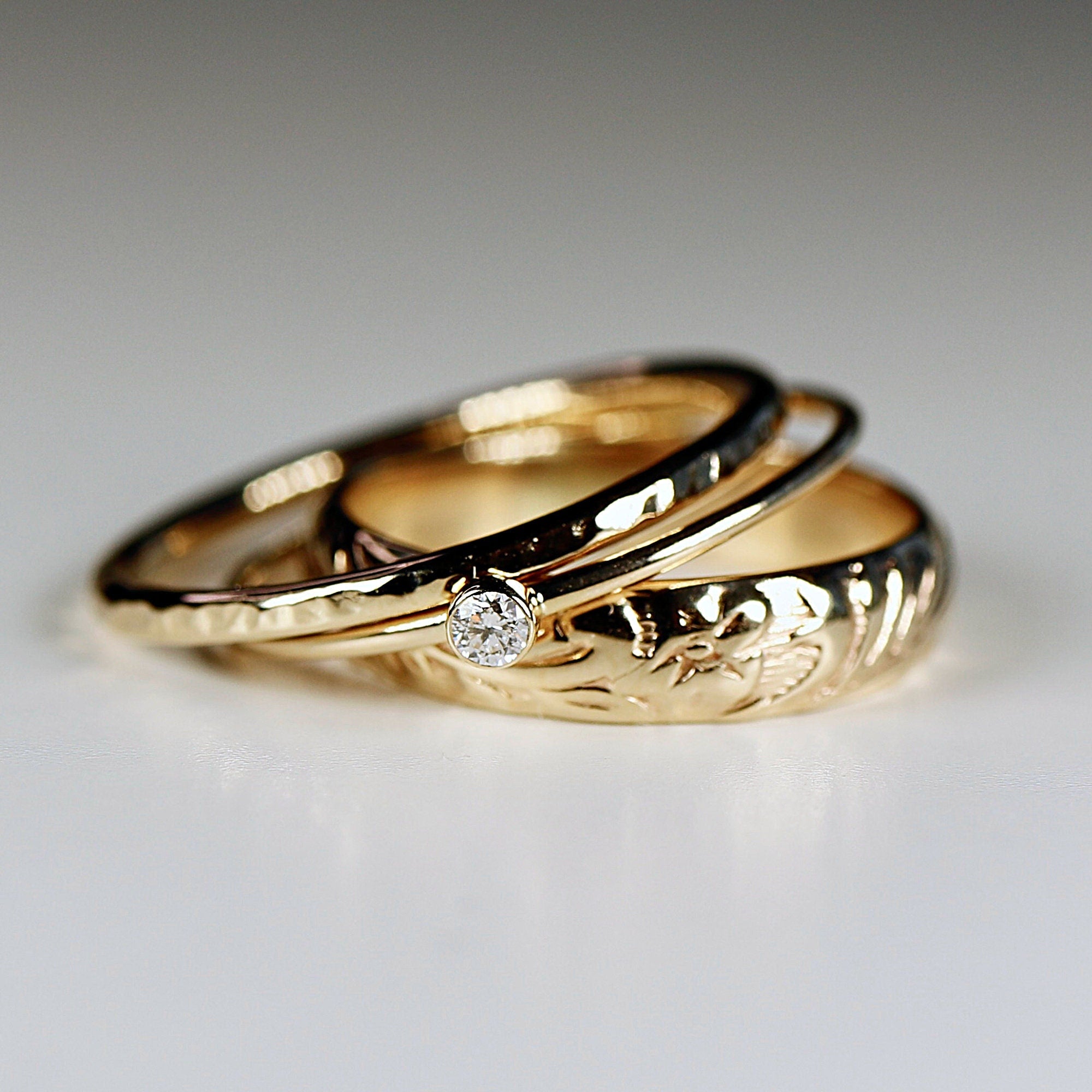 Set of 3 Gold Hammered Band Rings, Stacking Ring Set