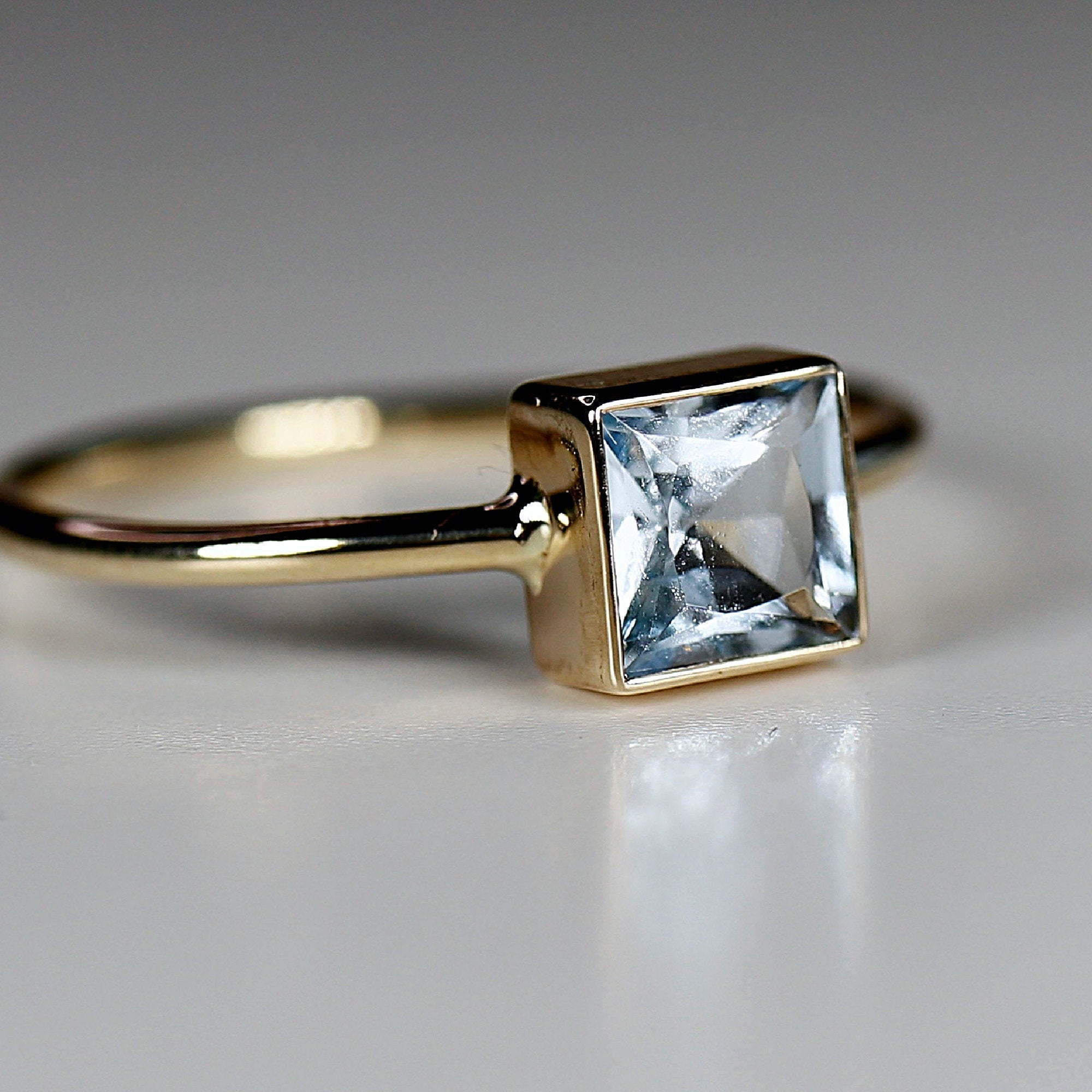 Princess Cut Bezel Set Aquamarine Ring 14k Gold March Birthstone - Melt'm Jewelry