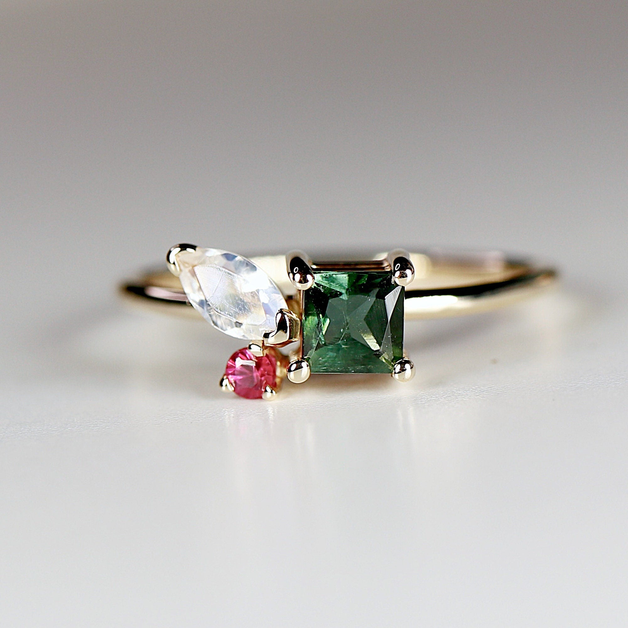 Indicolite Tourmaline, Moonstone and Ruby Cluster Ring / Colorful Engagement Ring