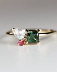 Indicolite Tourmaline Moonstone and Ruby Cluster Colorful Engagement Ring - Melt'm Jewelry