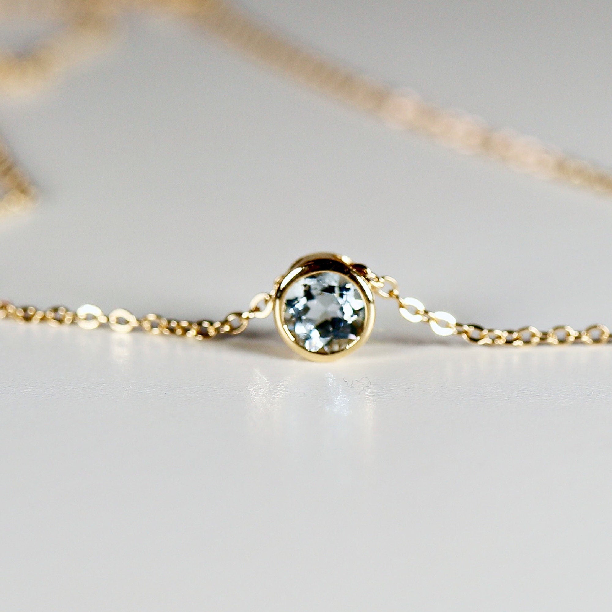 Bezel Set Swiss Blue Topaz Necklace 14k Solid Gold