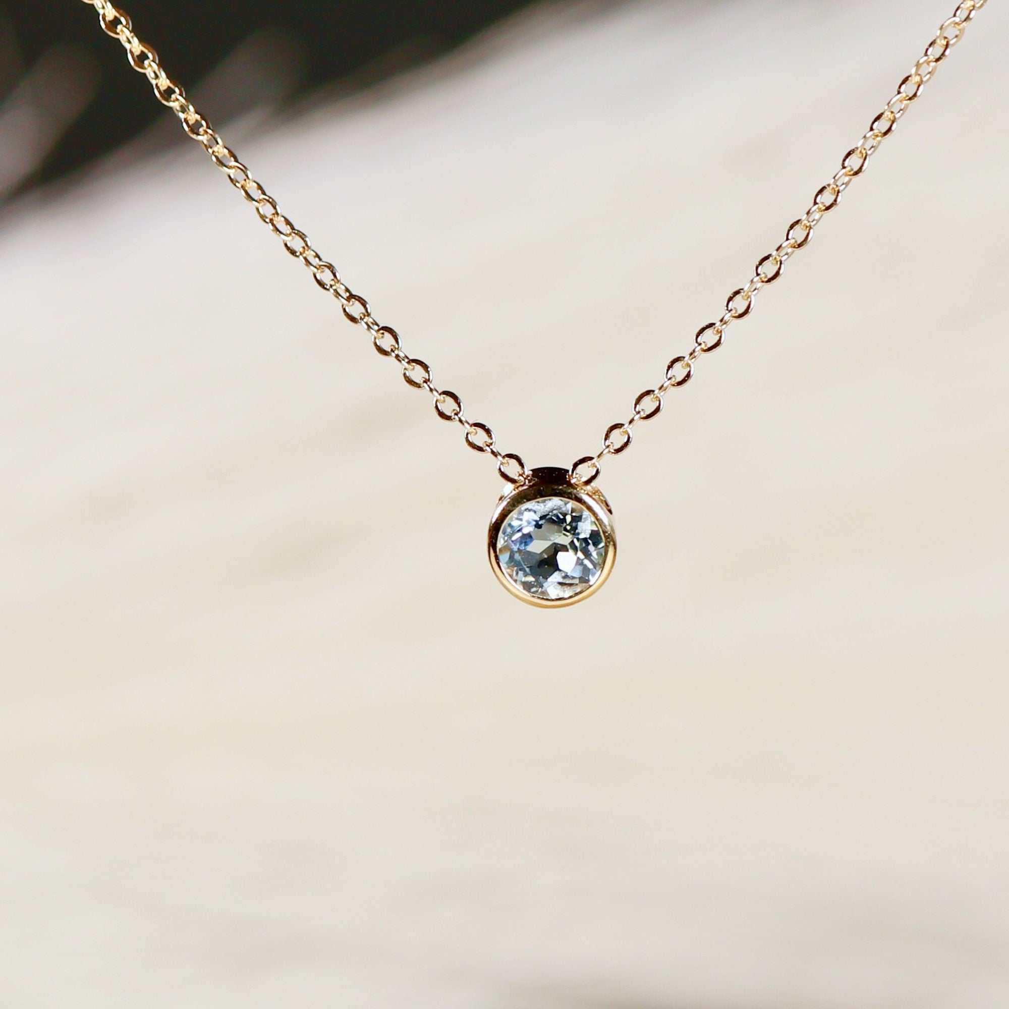 Bezel Set Swiss Blue Topaz Necklace 14k Solid Gold