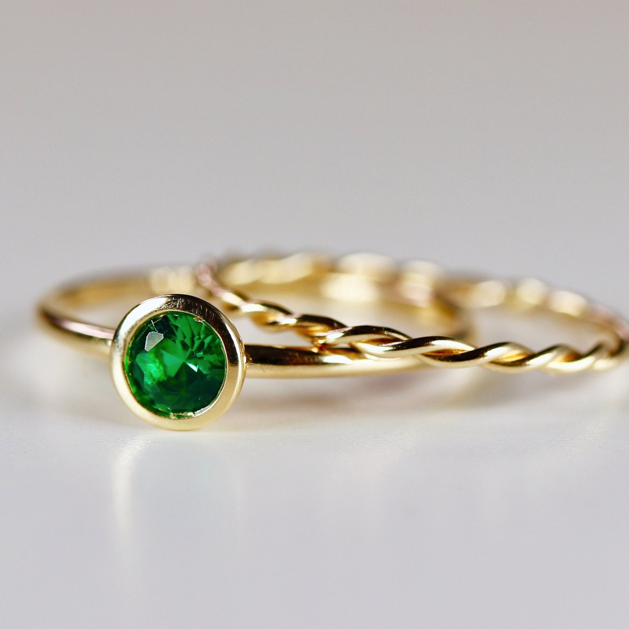14k Gold Bezel Set Emerald Ring, Stacking Minimalist Gemstone Ring - Melt'm Jewelry