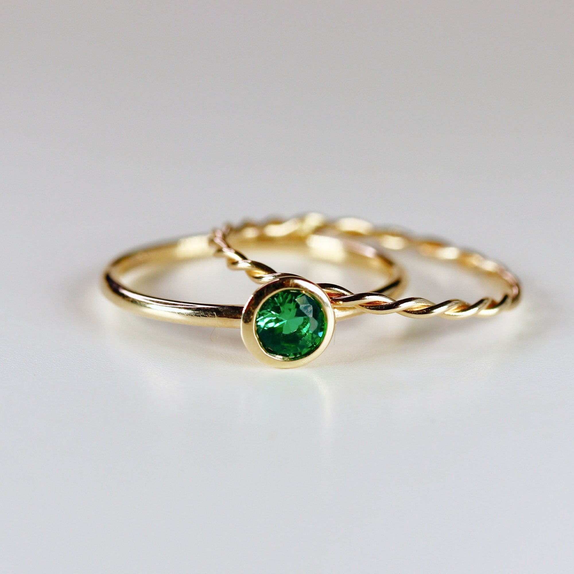 14k Gold Bezel Set Emerald Ring, Stacking Minimalist Gemstone Ring - Melt'm Jewelry