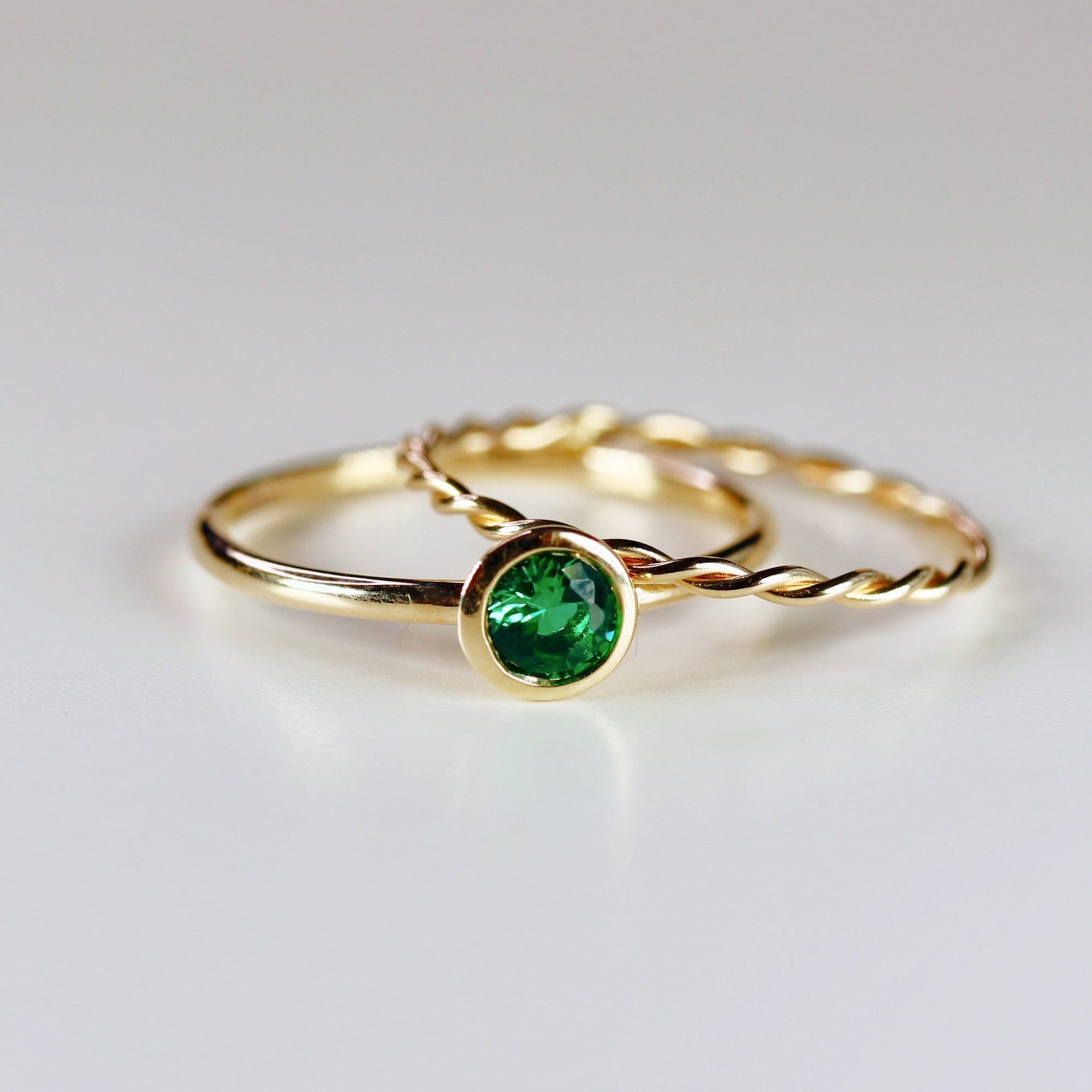 14k Gold Bezel Set Emerald Ring, Stacking Minimalist Gemstone Ring - Melt'm Jewelry