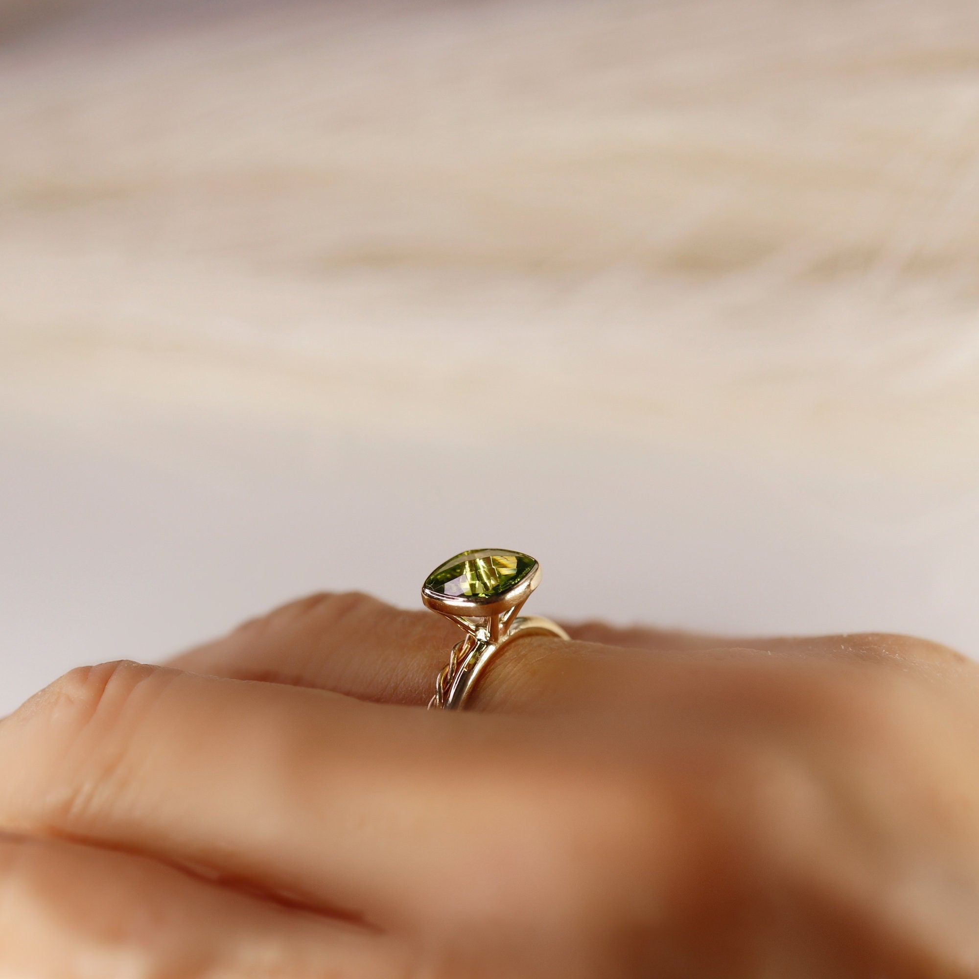 Cushion Cut Peridot Engagement Ring 14k Gold, Solitaire Ring - Melt'm Jewelry