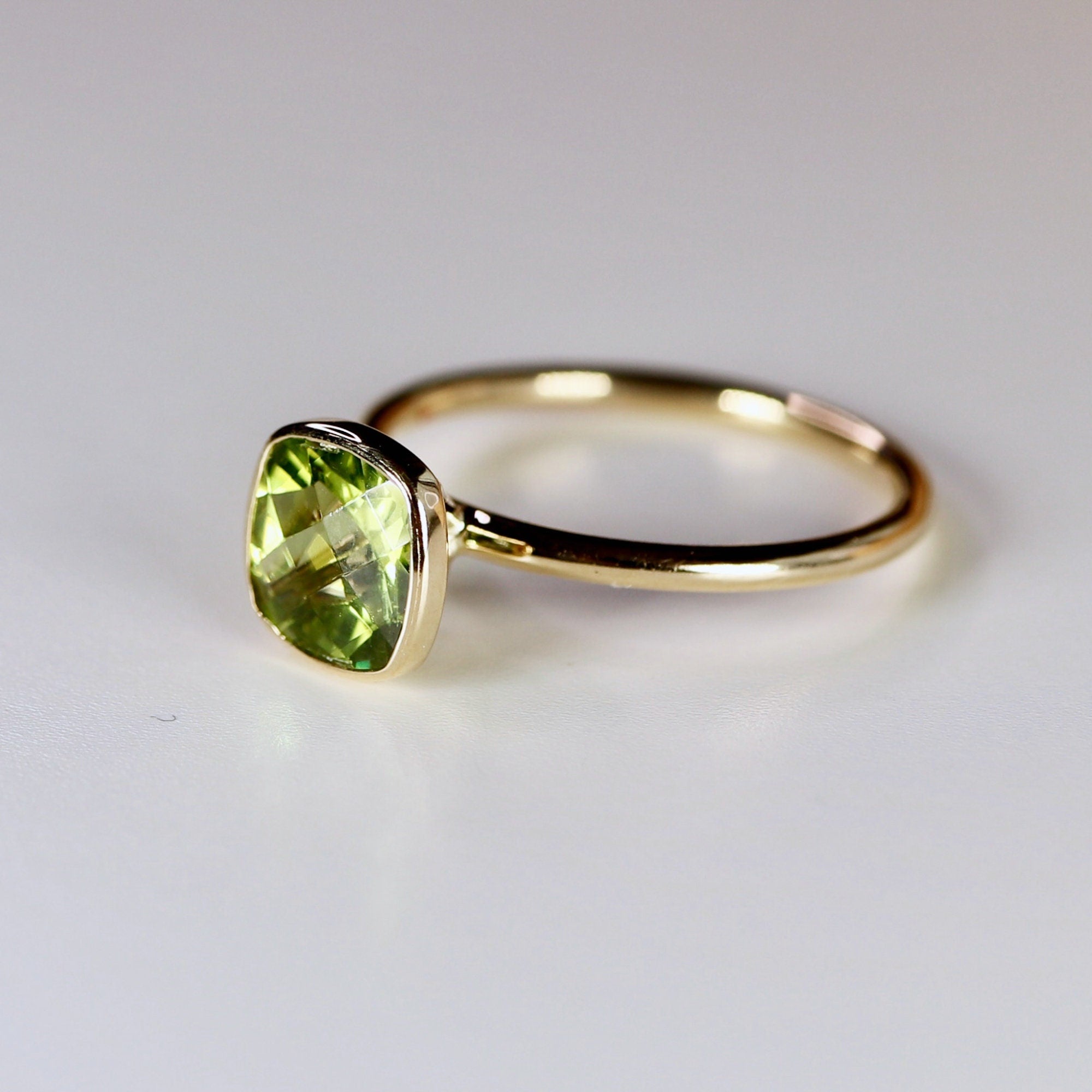Cushion Cut Peridot Engagement Ring 14k Gold, Solitaire Ring - Melt'm Jewelry