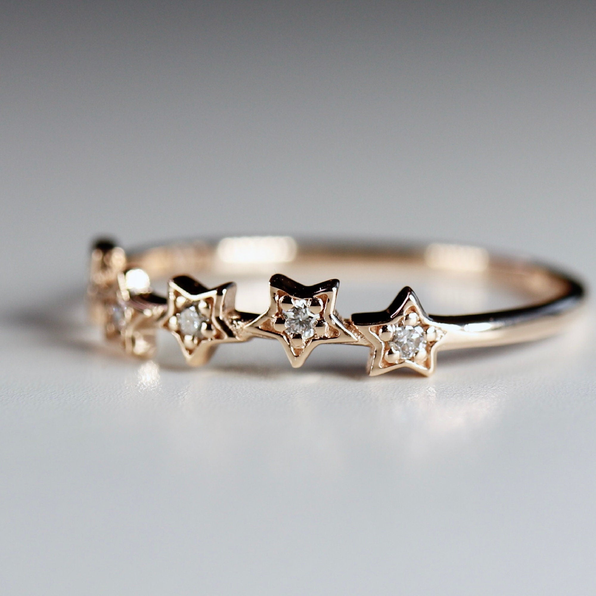 Diamond Star Ring 14k Gold – Five Star Celestial Wedding Band, Natural Diamond Stacking Ring, Dainty Gold Star Band Gift for Her - Melt'm Jewelry