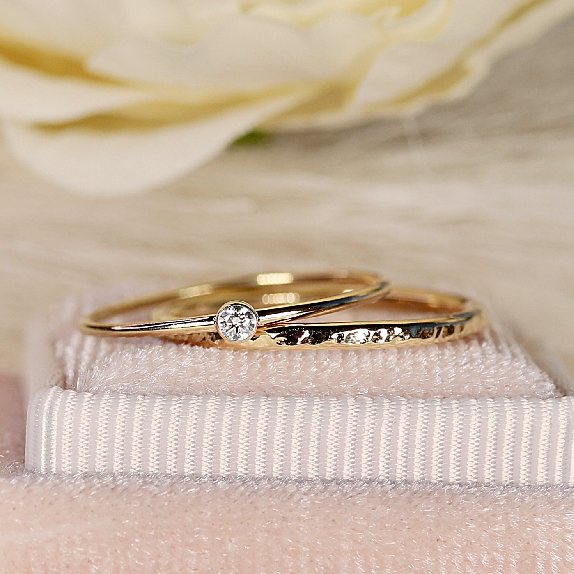 14k Solid Gold Stacking Ring Set of 2, Diamond Stacking Ring Set