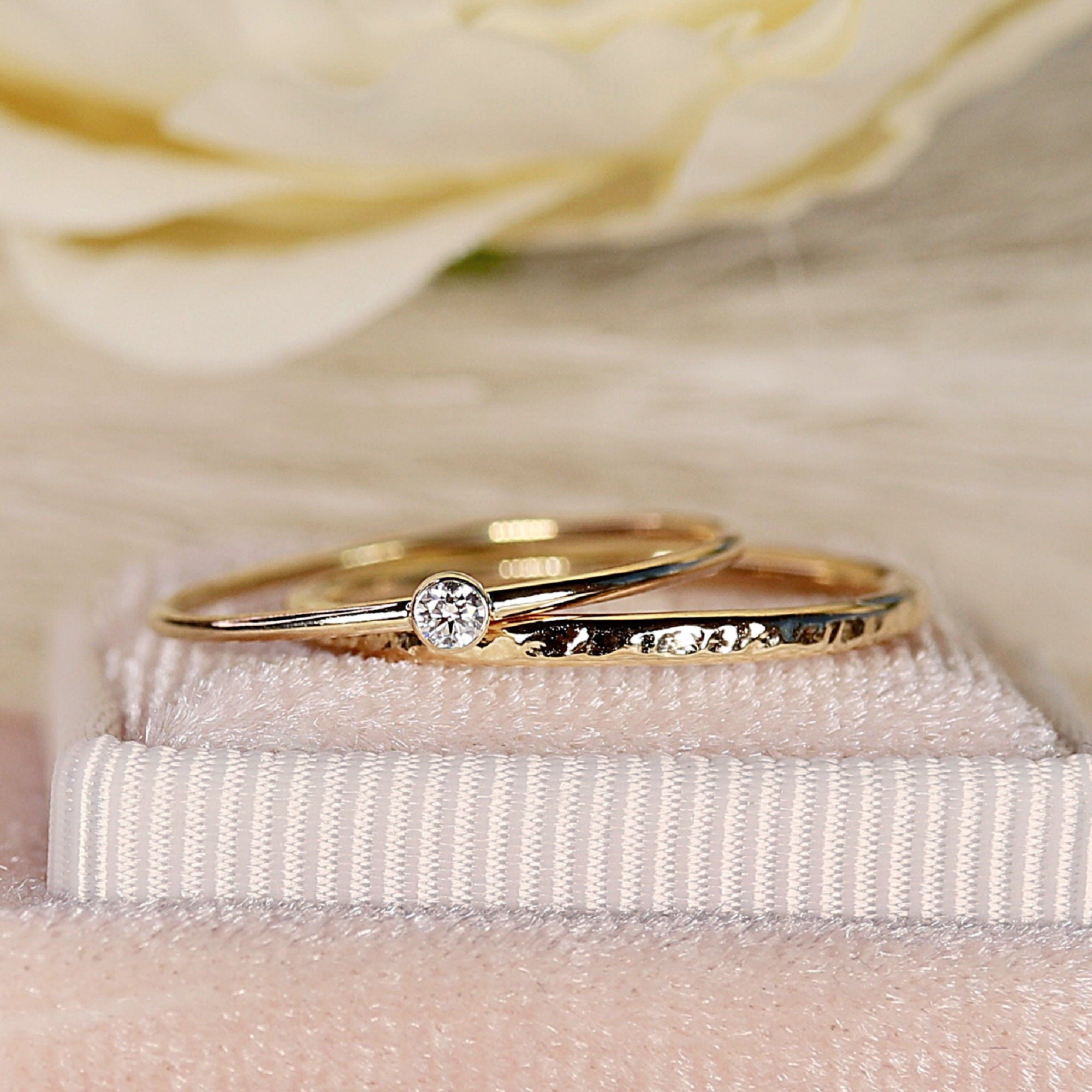 14k Gold Diamond Stacking Ring Set of 2 - Melt'm Jewelry