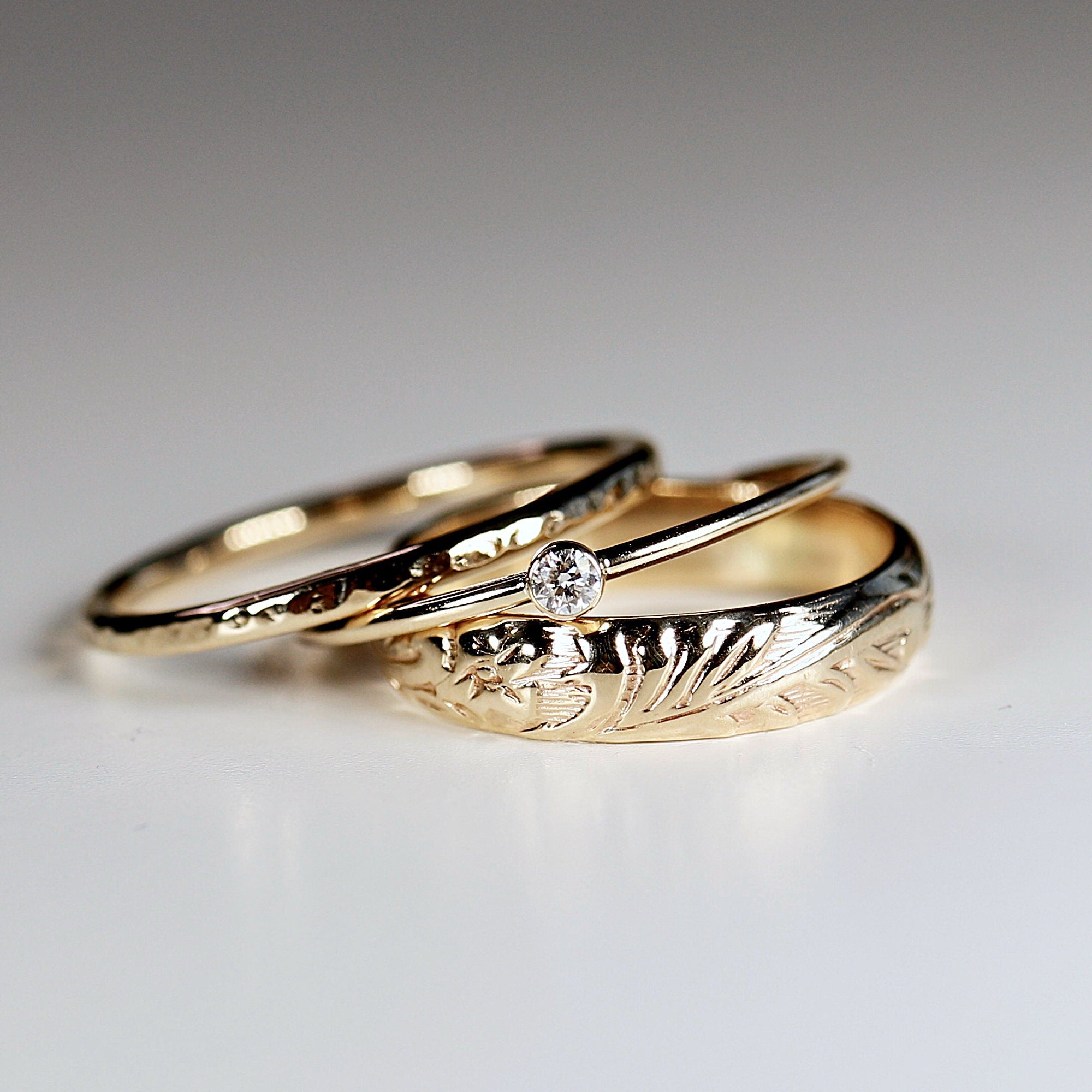 Set of 3 Gold Hammered Band Rings, Stacking Ring Set