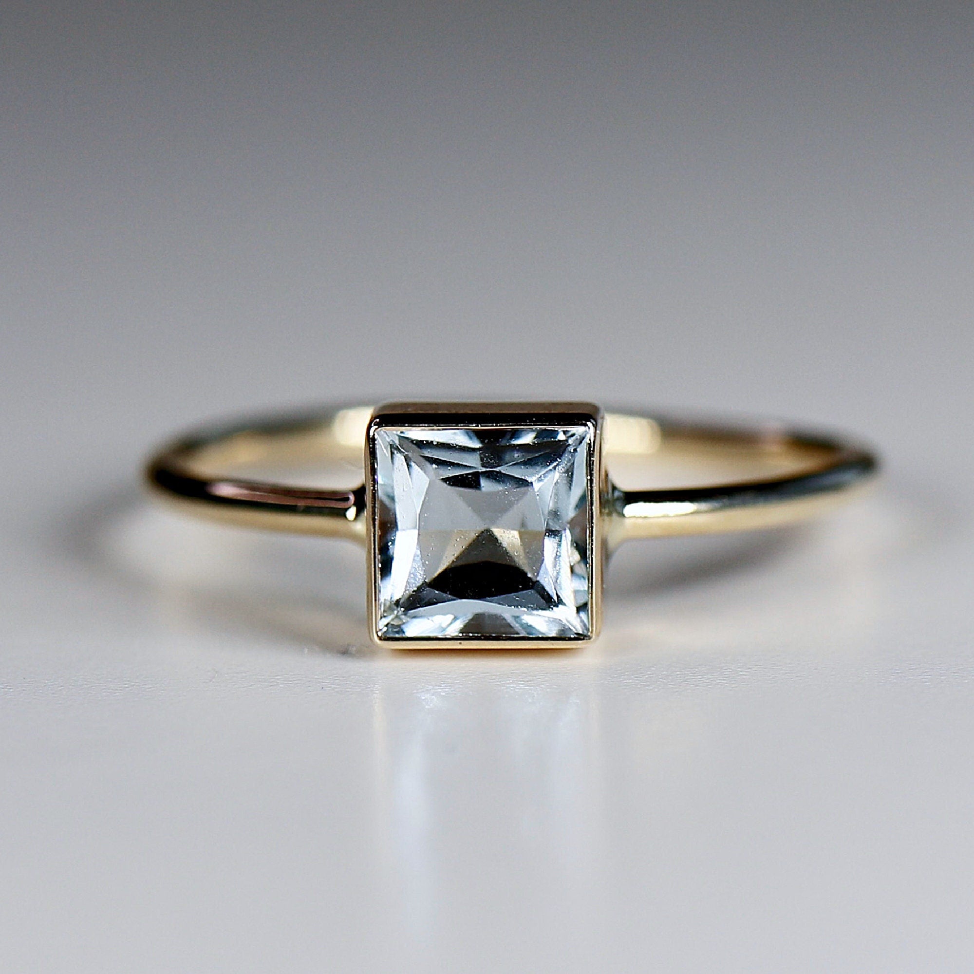 Princess Cut Bezel Set Aquamarine Ring 14k Gold March Birthstone