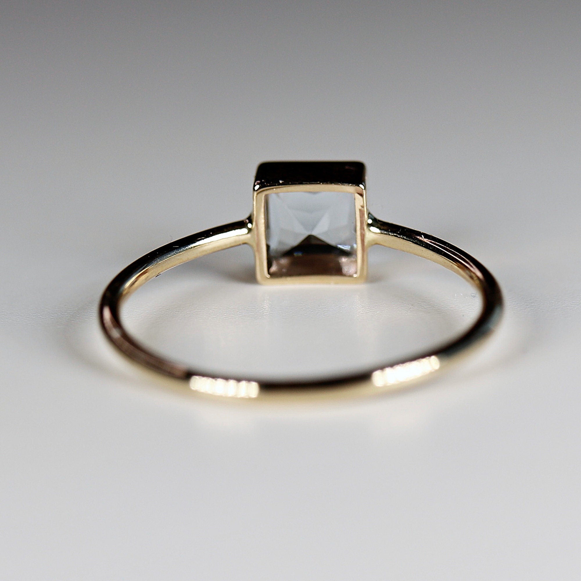 Princess Cut Bezel Set Aquamarine Ring 14k Gold March Birthstone - Melt'm Jewelry
