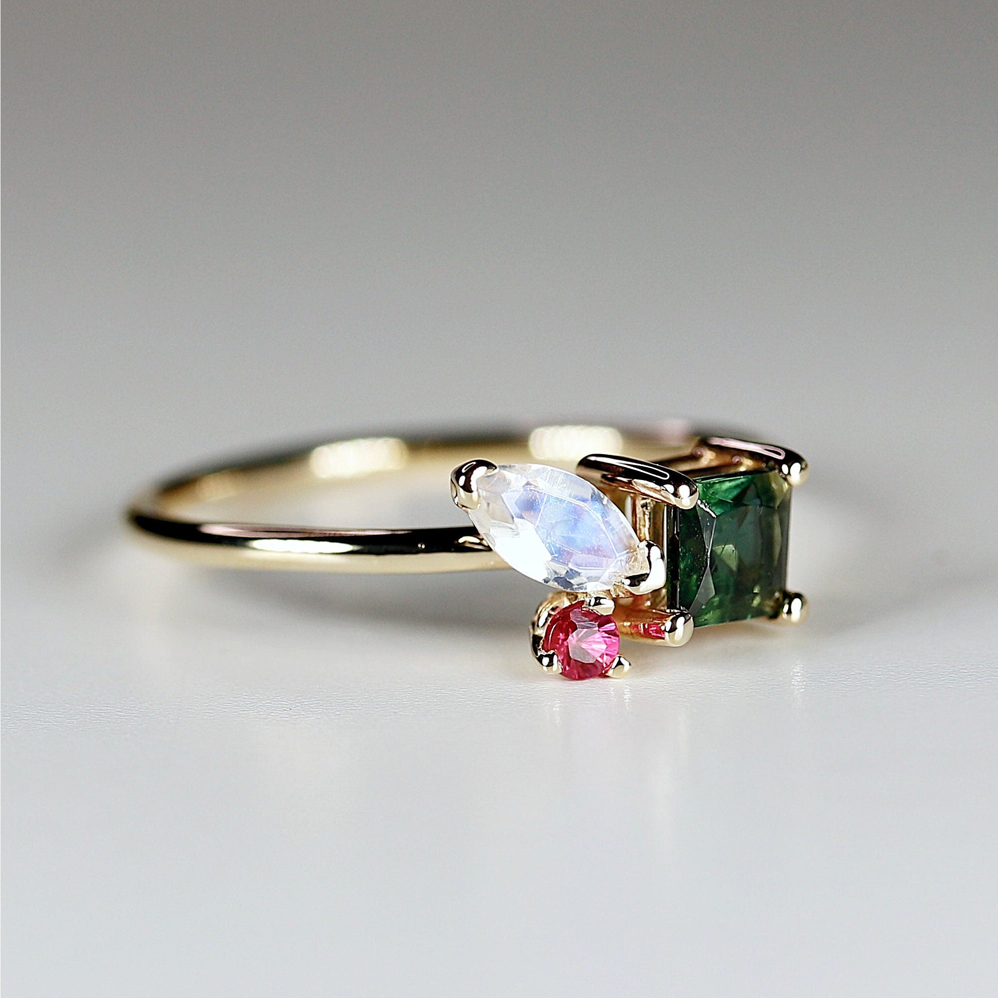 Indicolite Tourmaline, Moonstone and Ruby Cluster Ring / Colorful Engagement Ring