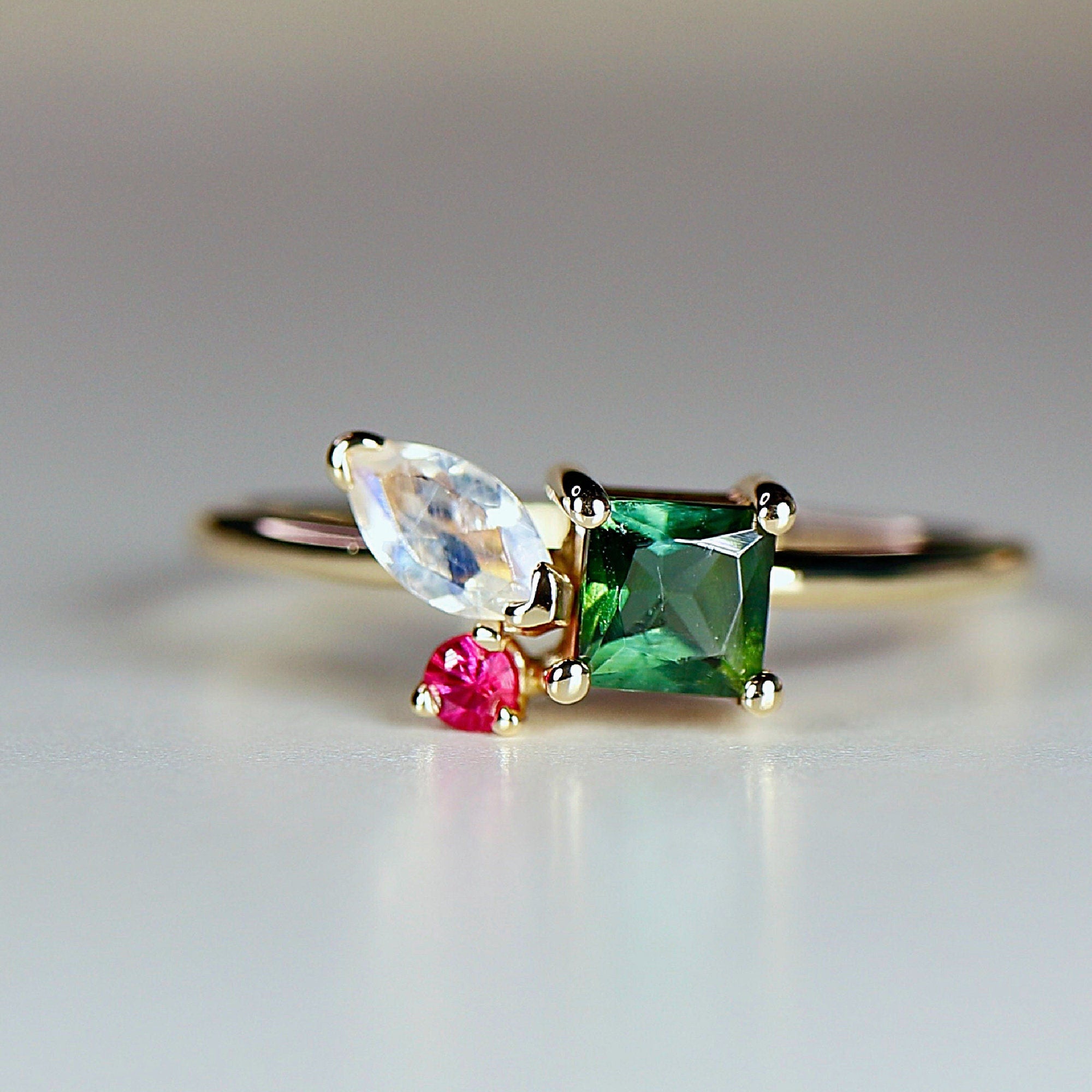 Indicolite Tourmaline Moonstone and Ruby Cluster Colorful Engagement Ring - Melt'm Jewelry