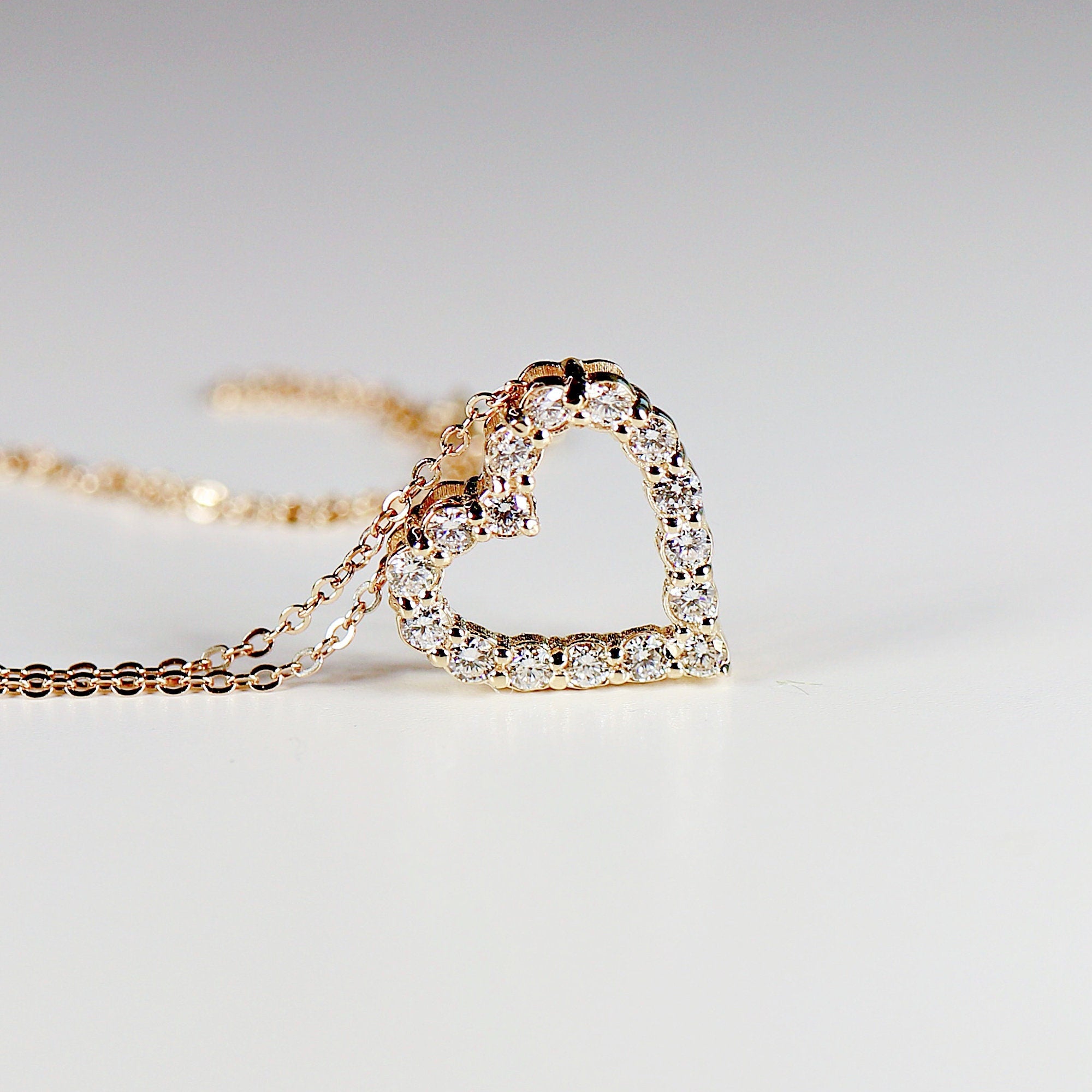 14k Gold Natural Diamond Sliding Open Heart Necklace - Melt'm Jewelry