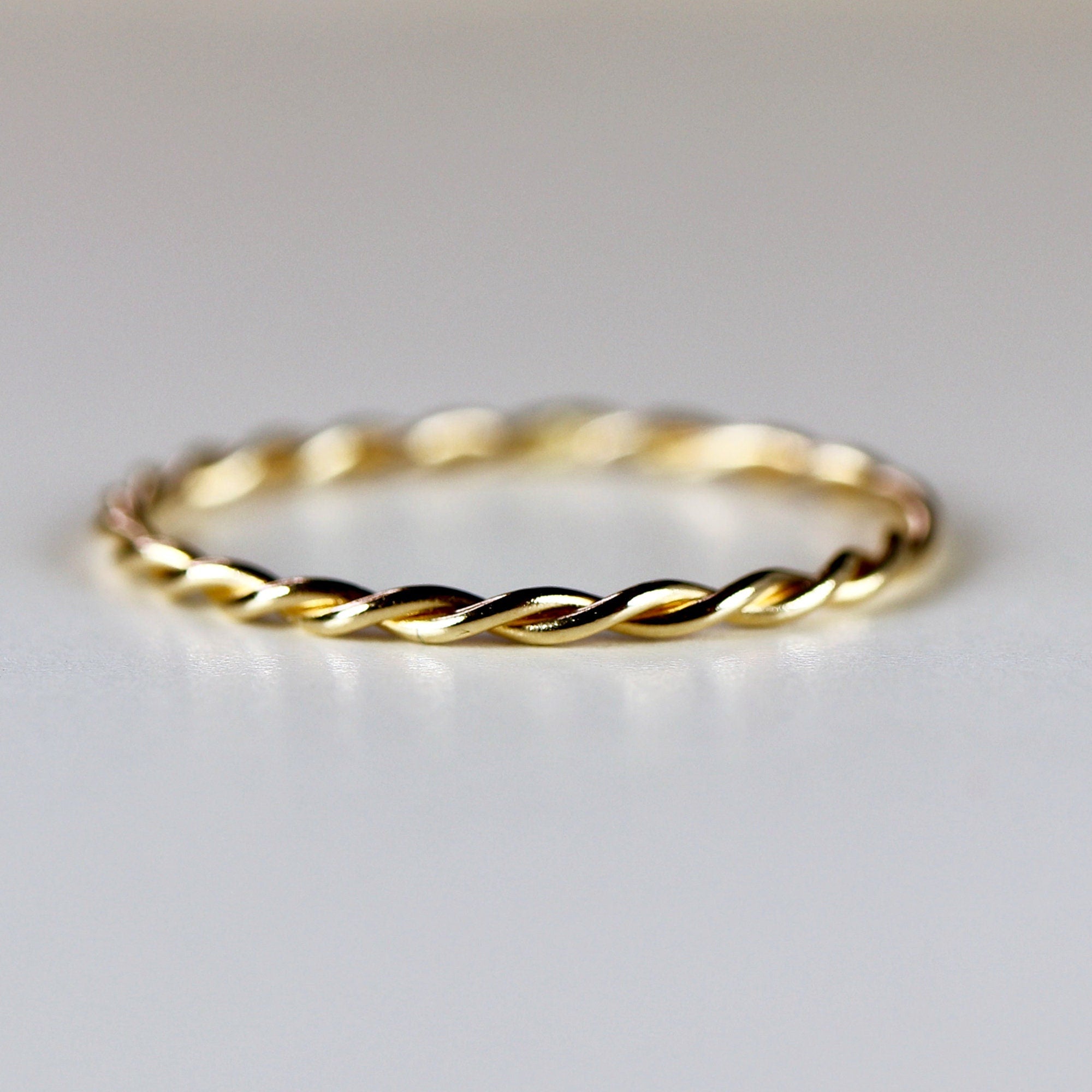 14k Solid Gold Braided Ring, Skinny Twisted Stacking Ring