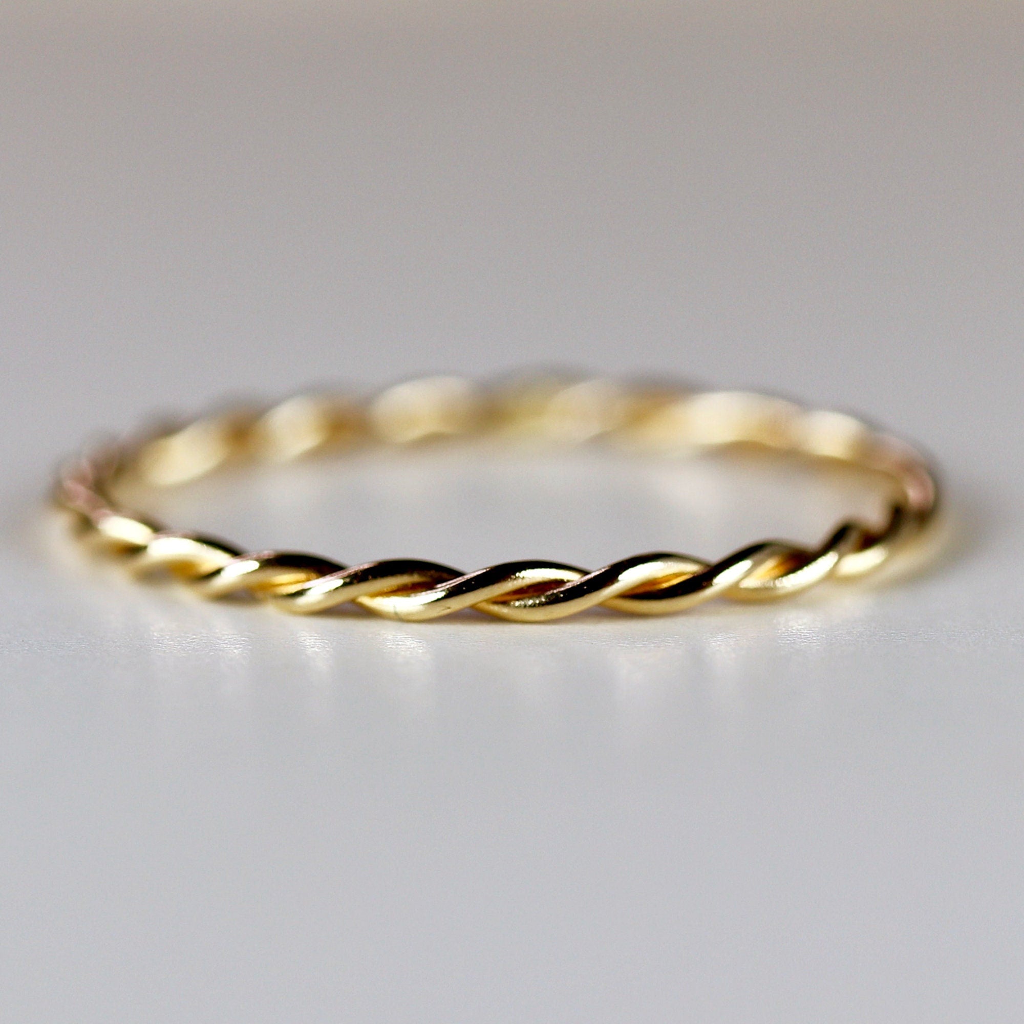 14k Solid Gold Braided Ring, Skinny Twisted Stacking Ring