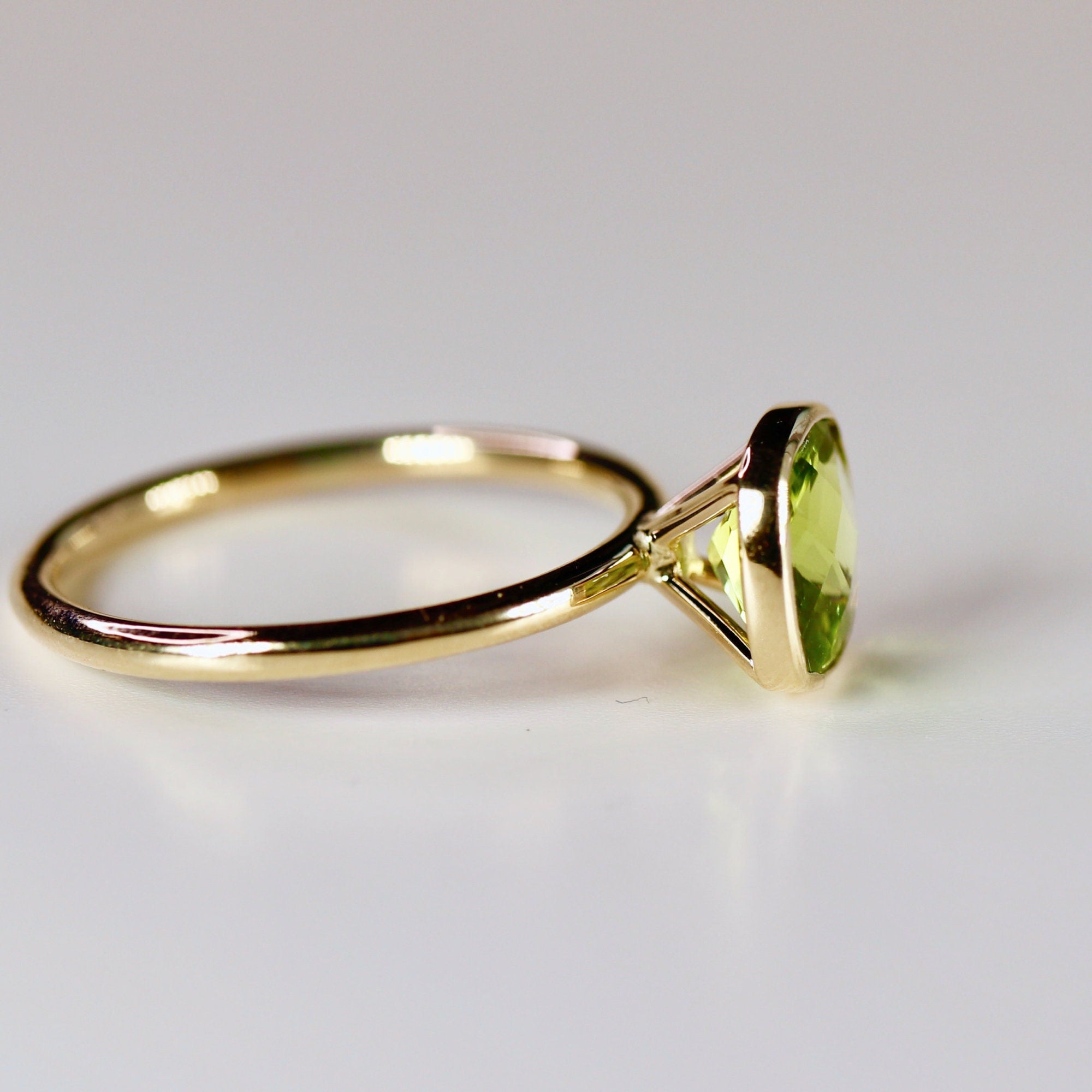Cushion Cut Peridot Engagement Ring 14k Gold, Solitaire Ring - Melt'm Jewelry