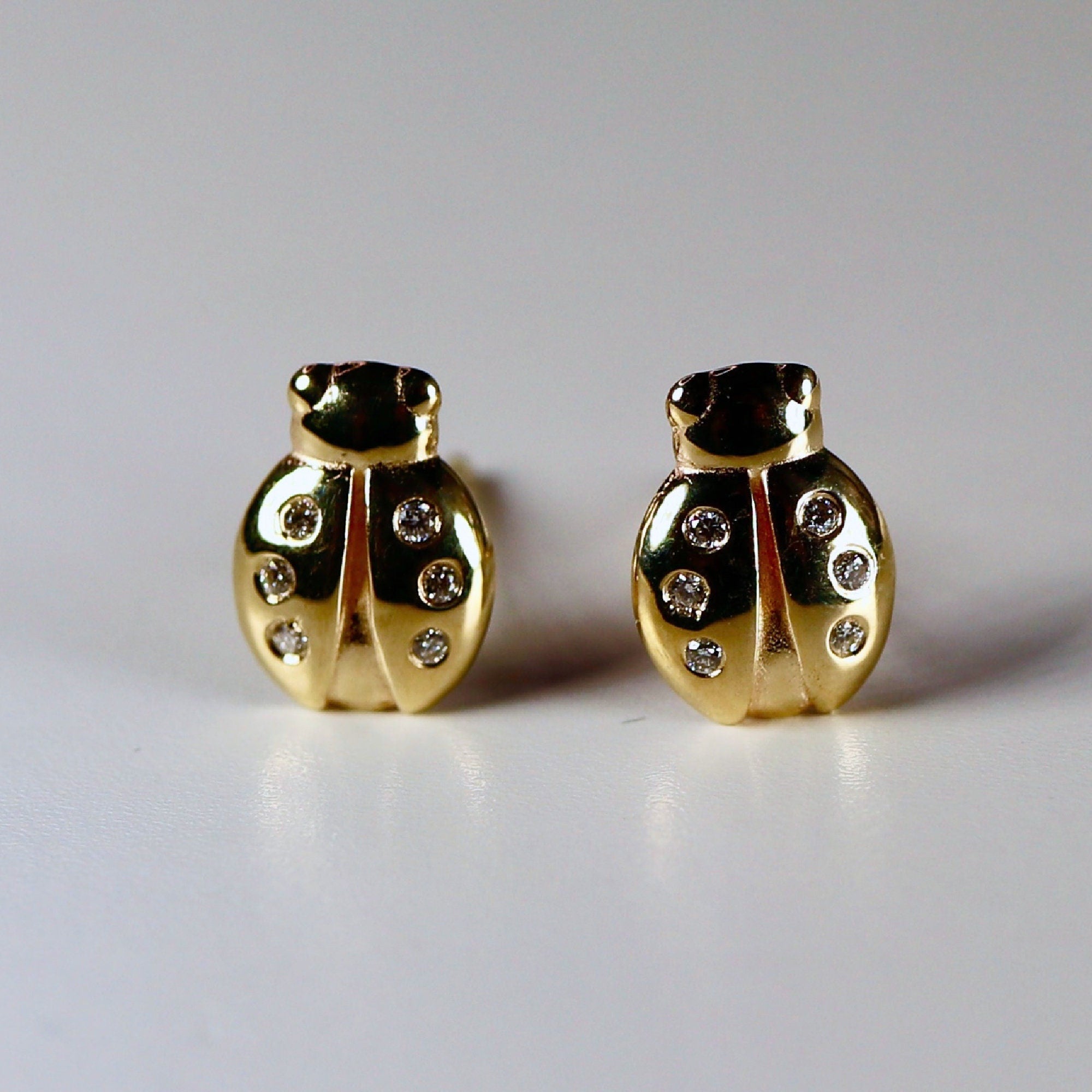 Ladybug Earrings 14k Gold, Diamond Lady Bug Studs, Lucky Earrings