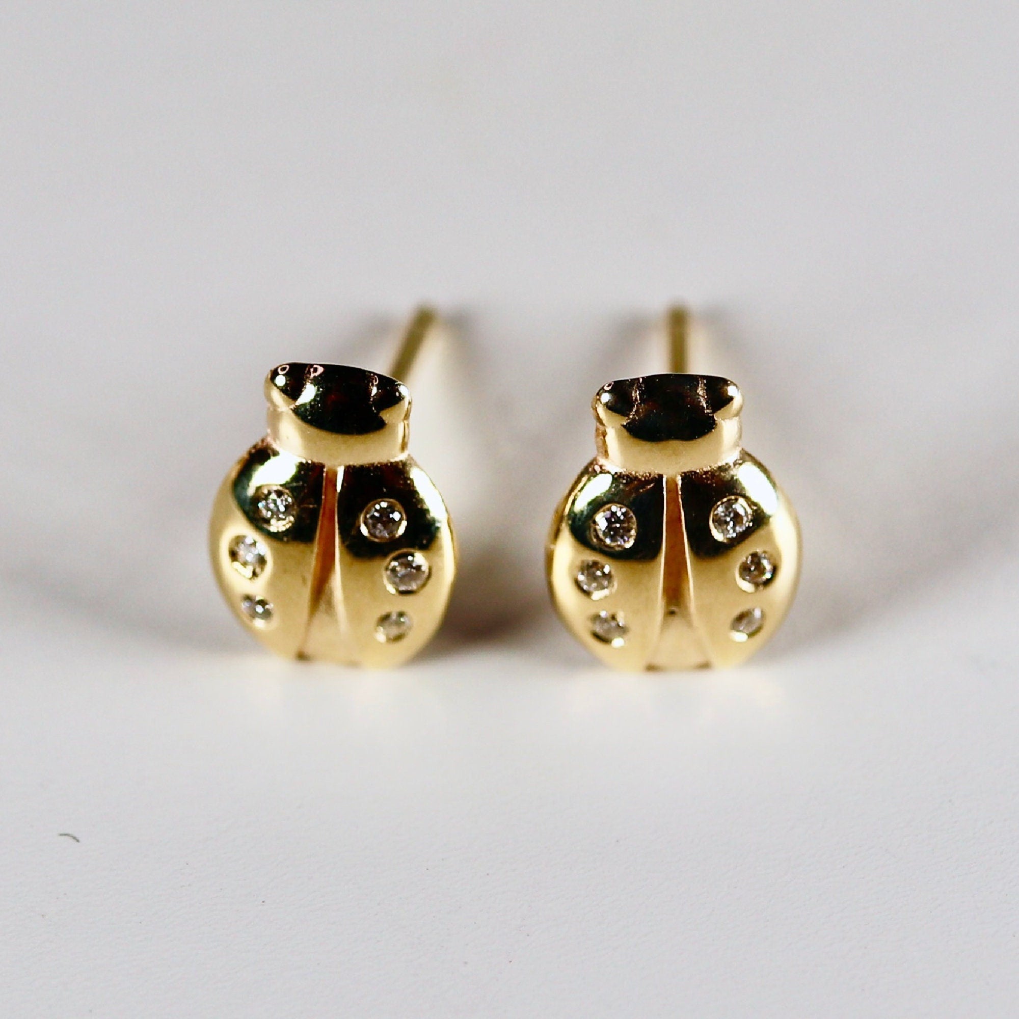 Ladybug Earrings 14k Gold, Diamond Lady Bug Studs, Lucky Earrings