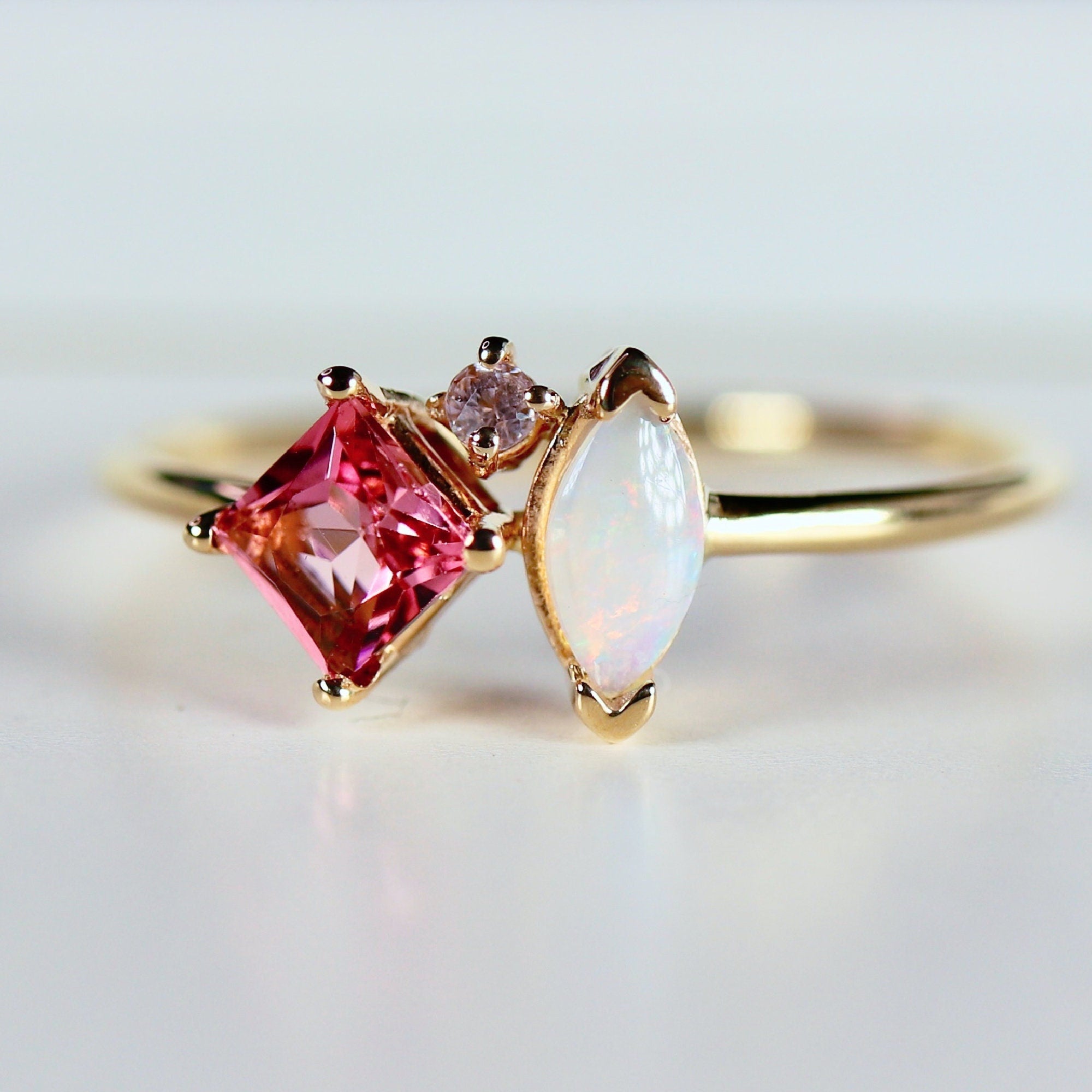Pink Tourmaline Opal and Diamond Cluster Ring in 14k Gold - Melt'm Jewelry