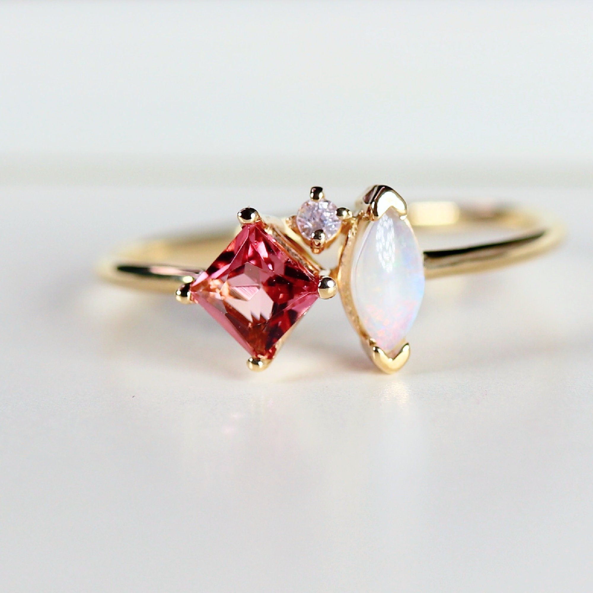 Pink Tourmaline Opal and Diamond Cluster Ring in 14k Gold - Melt'm Jewelry