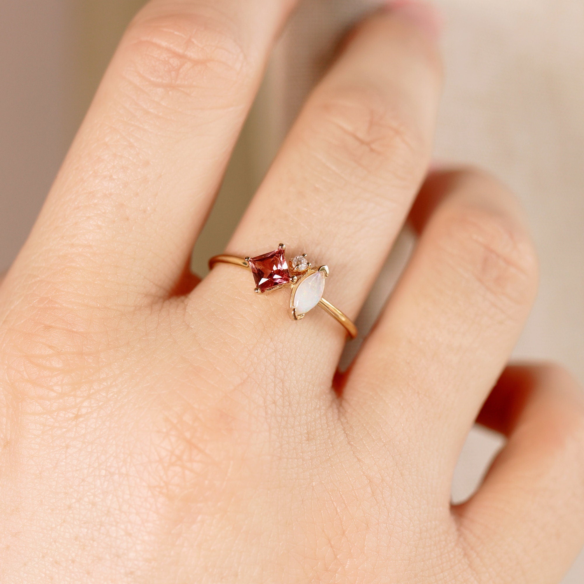 Pink Tourmaline Opal and Diamond Cluster Ring in 14k Gold - Melt'm Jewelry