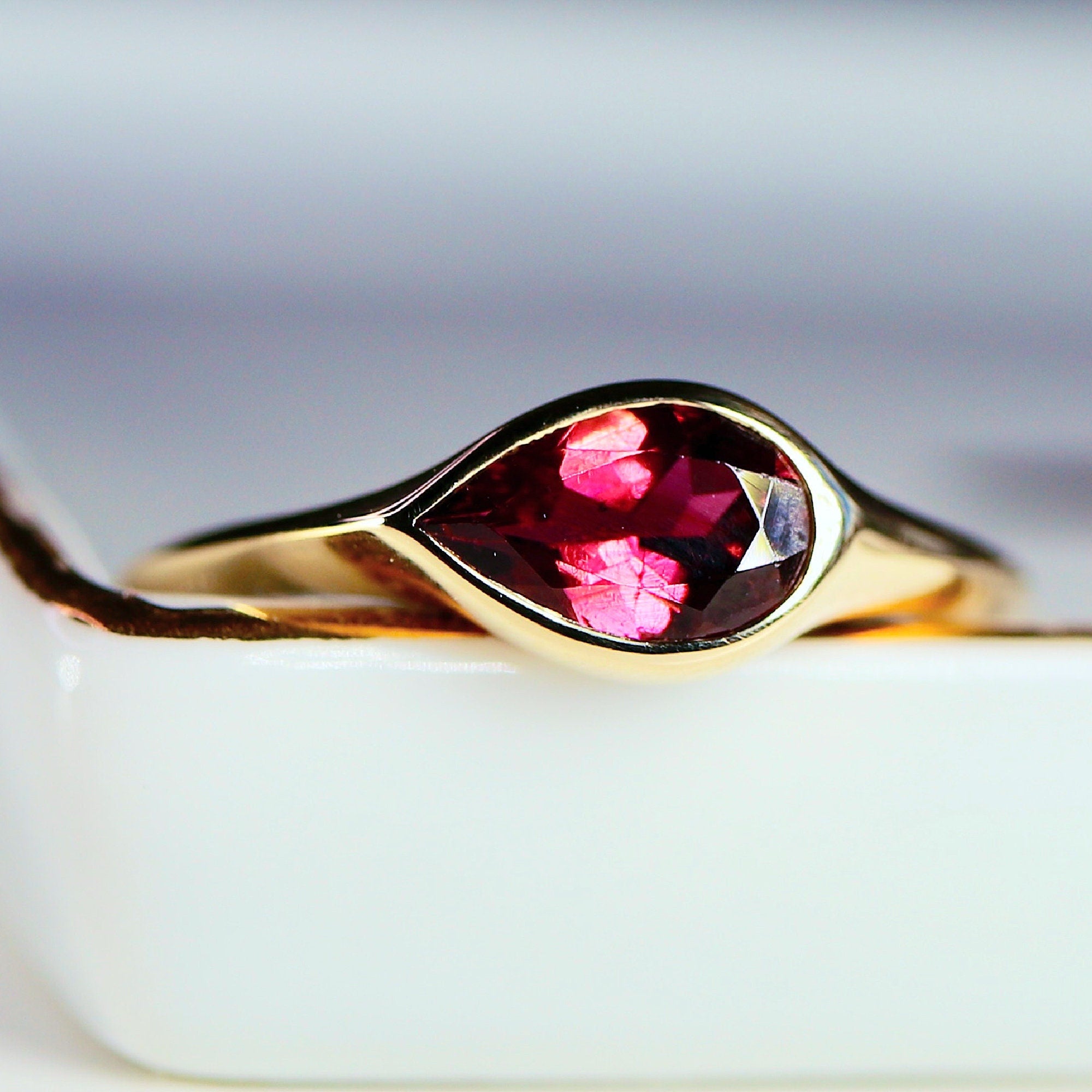 East West Pear Pink Tourmaline Dome Ring 14k Gold