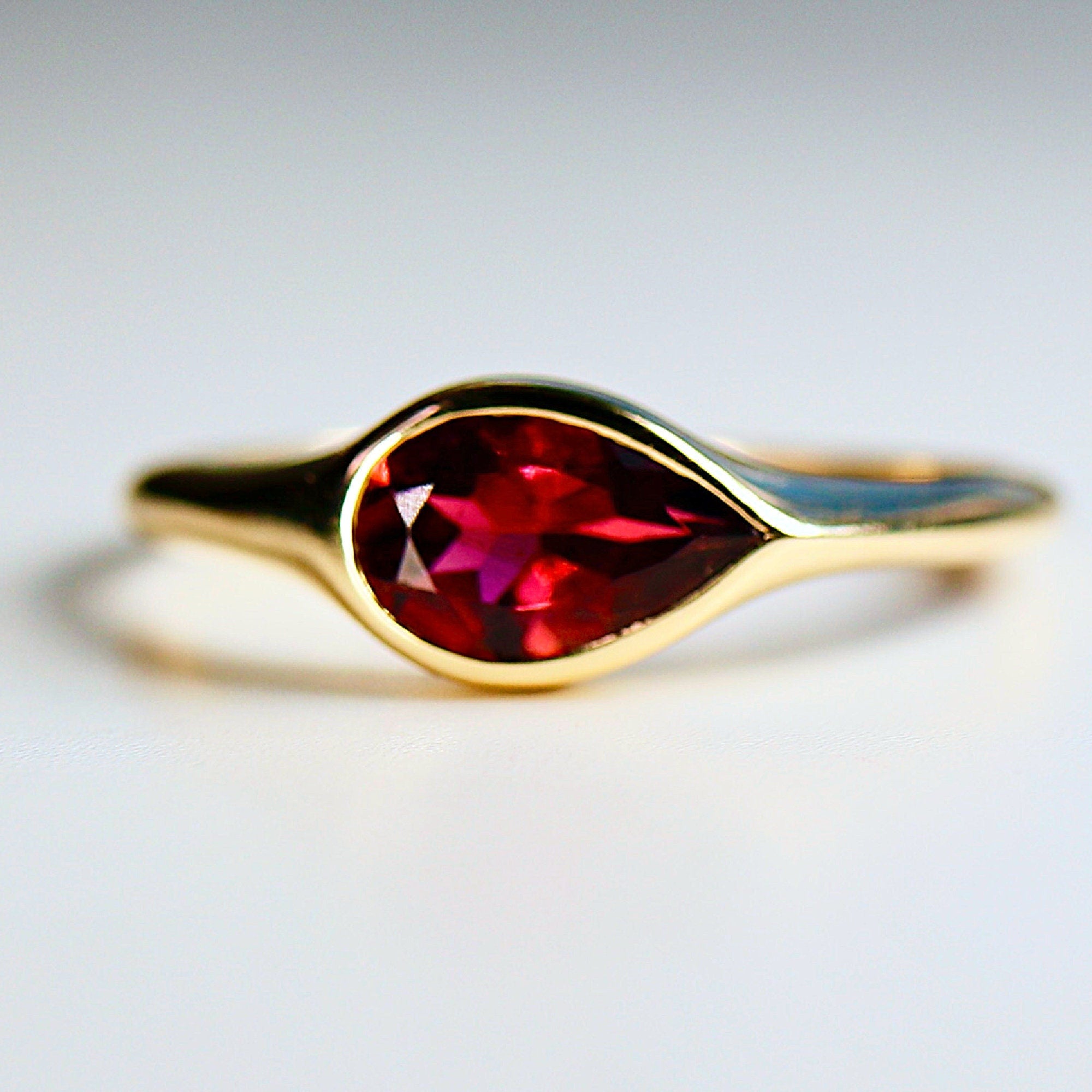 East West Pear Pink Tourmaline Dome Ring 14k Gold